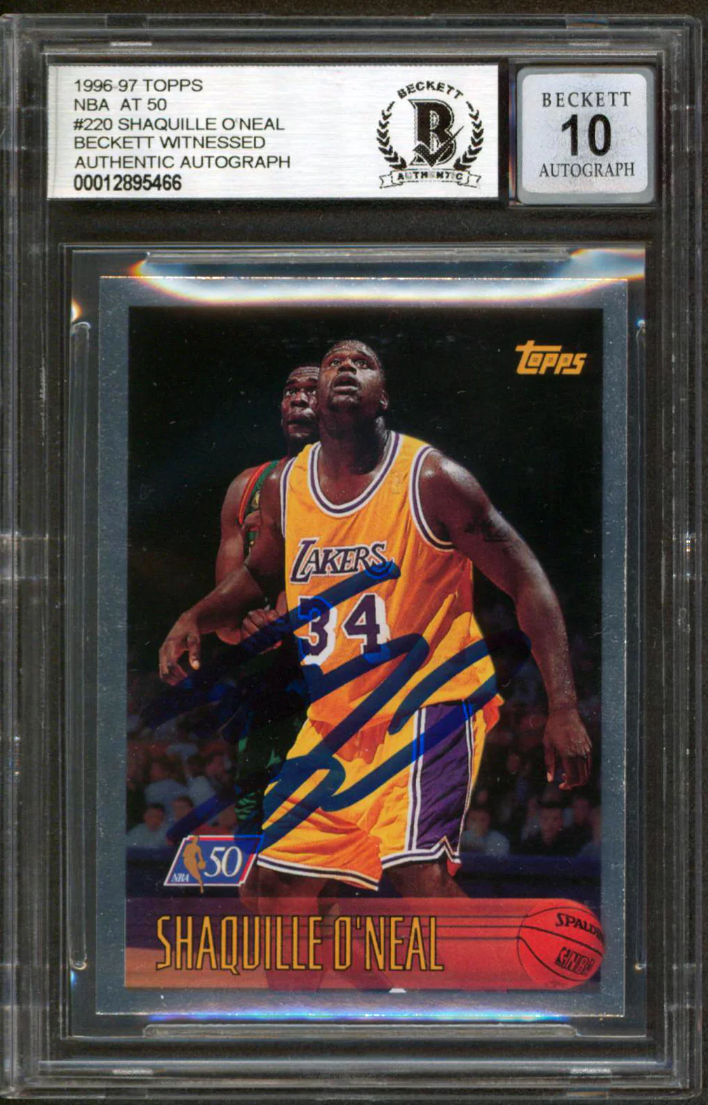 Shaquille O'Neal Signed 1996 Topps NBA at 50 Foil #220 Card Auto 10! BAS Slab - Image 2