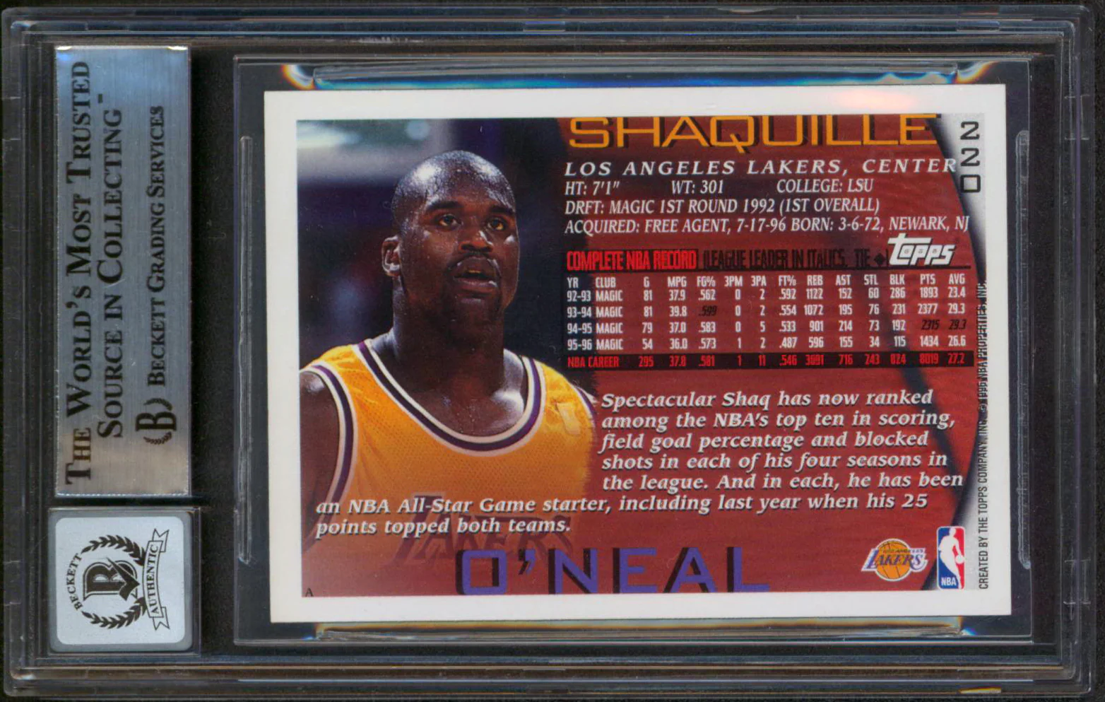 Shaquille O'Neal Signed 1996 Topps NBA at 50 Foil #220 Card Auto 10! BAS Slab - Image 3