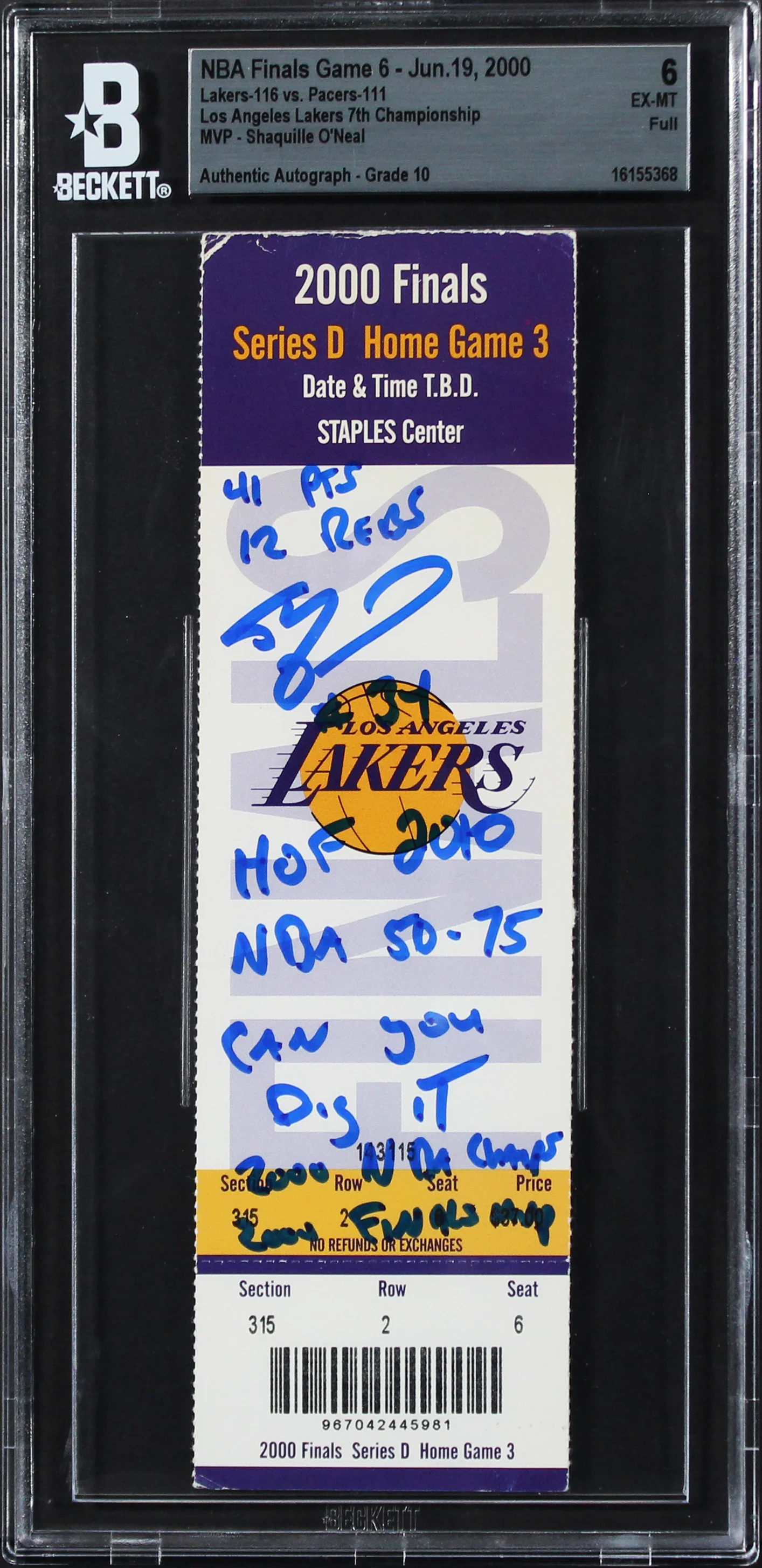 Shaquille O'Neal Signed 2000 NBA Finals Game 6 Ticket Ex-MT 6 Auto 10 BAS Slab 1 - Image 2