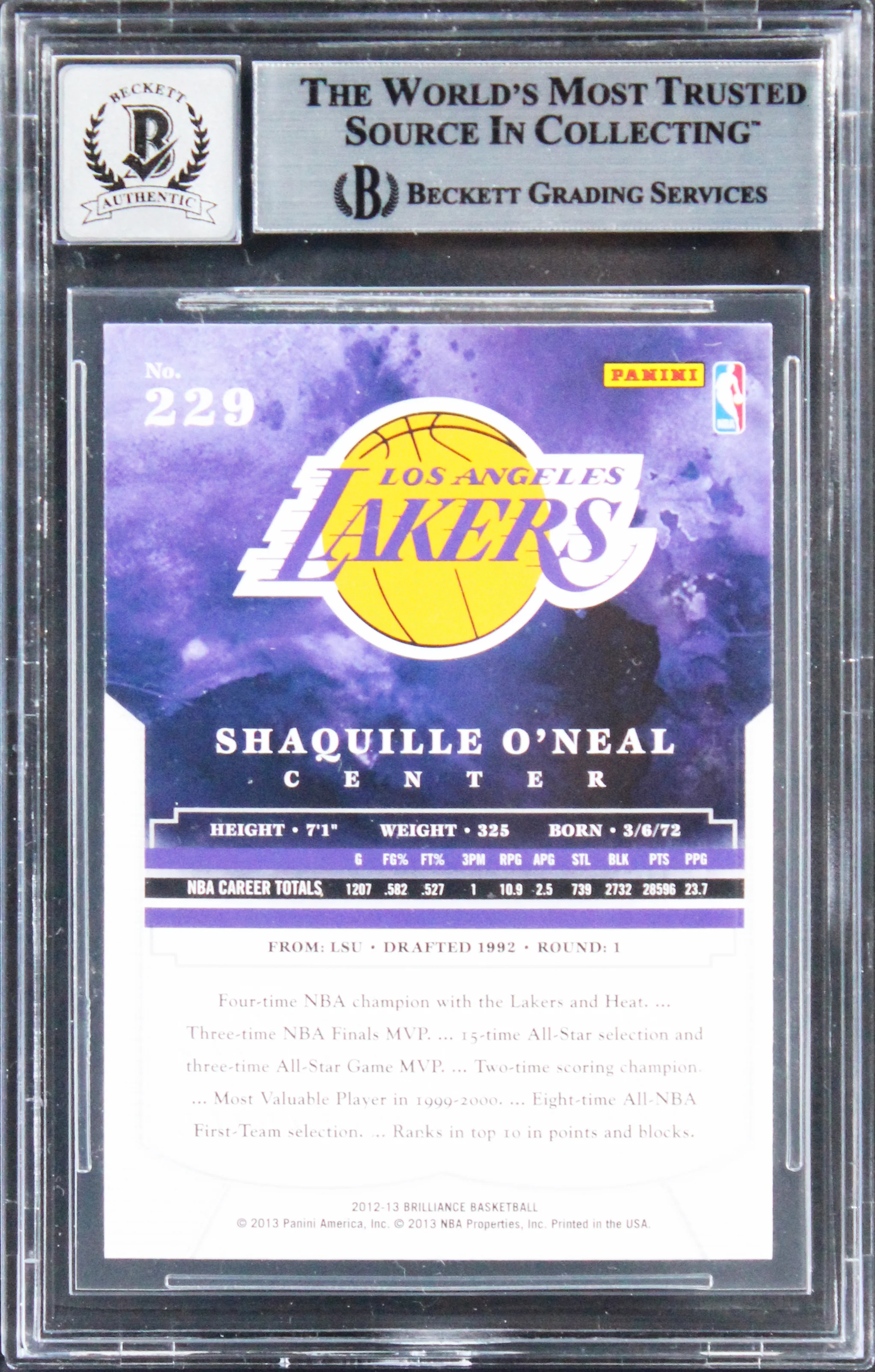Shaquille O'Neal Signed 2012 Panini Brilliance #229 Card Auto 10! BAS Slabbed - Image 3