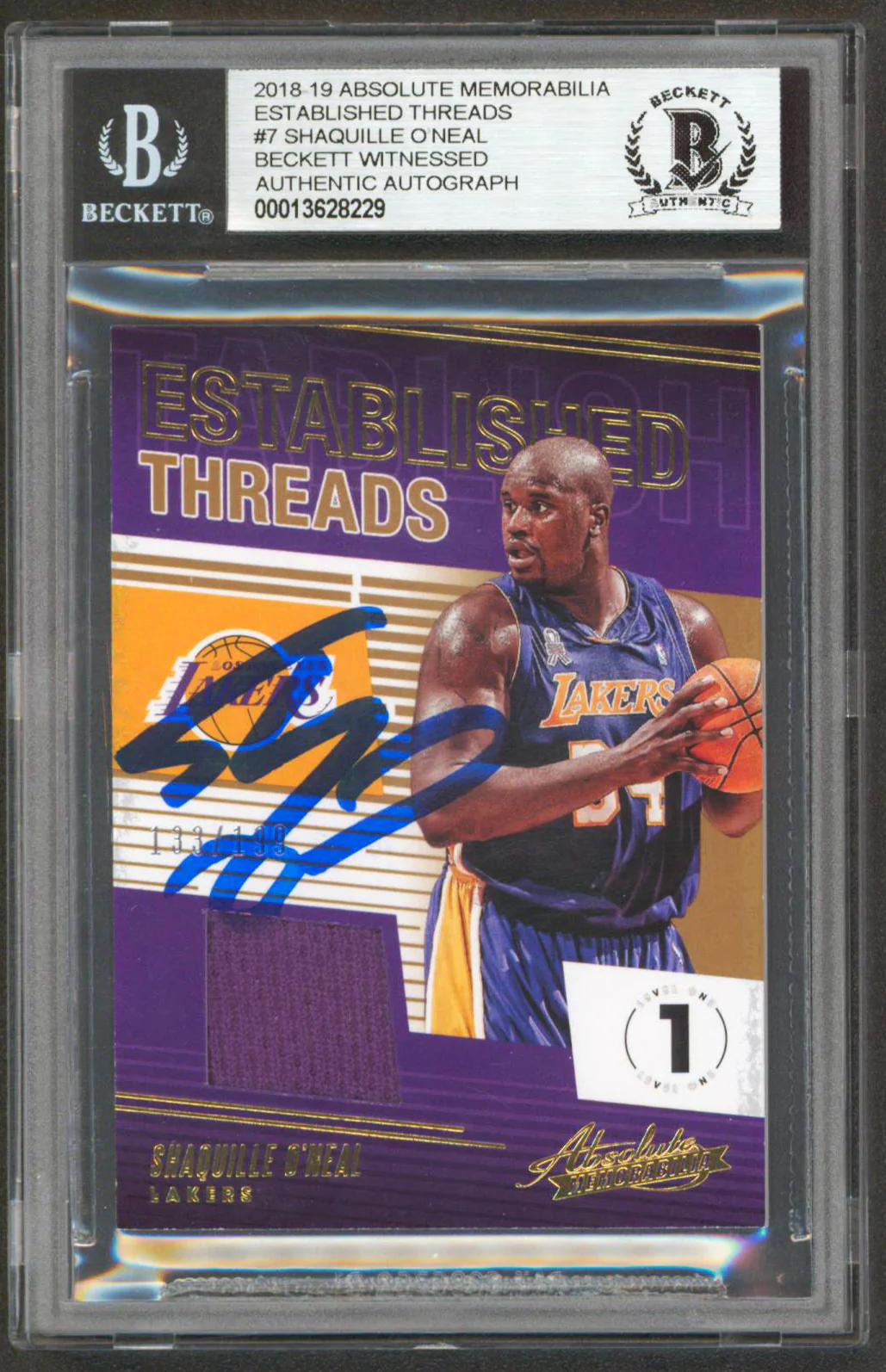 Shaquille O'Neal Signed 2018 Absolute Mem Threads #7 133/199 Card BAS Slabbed - Image 2