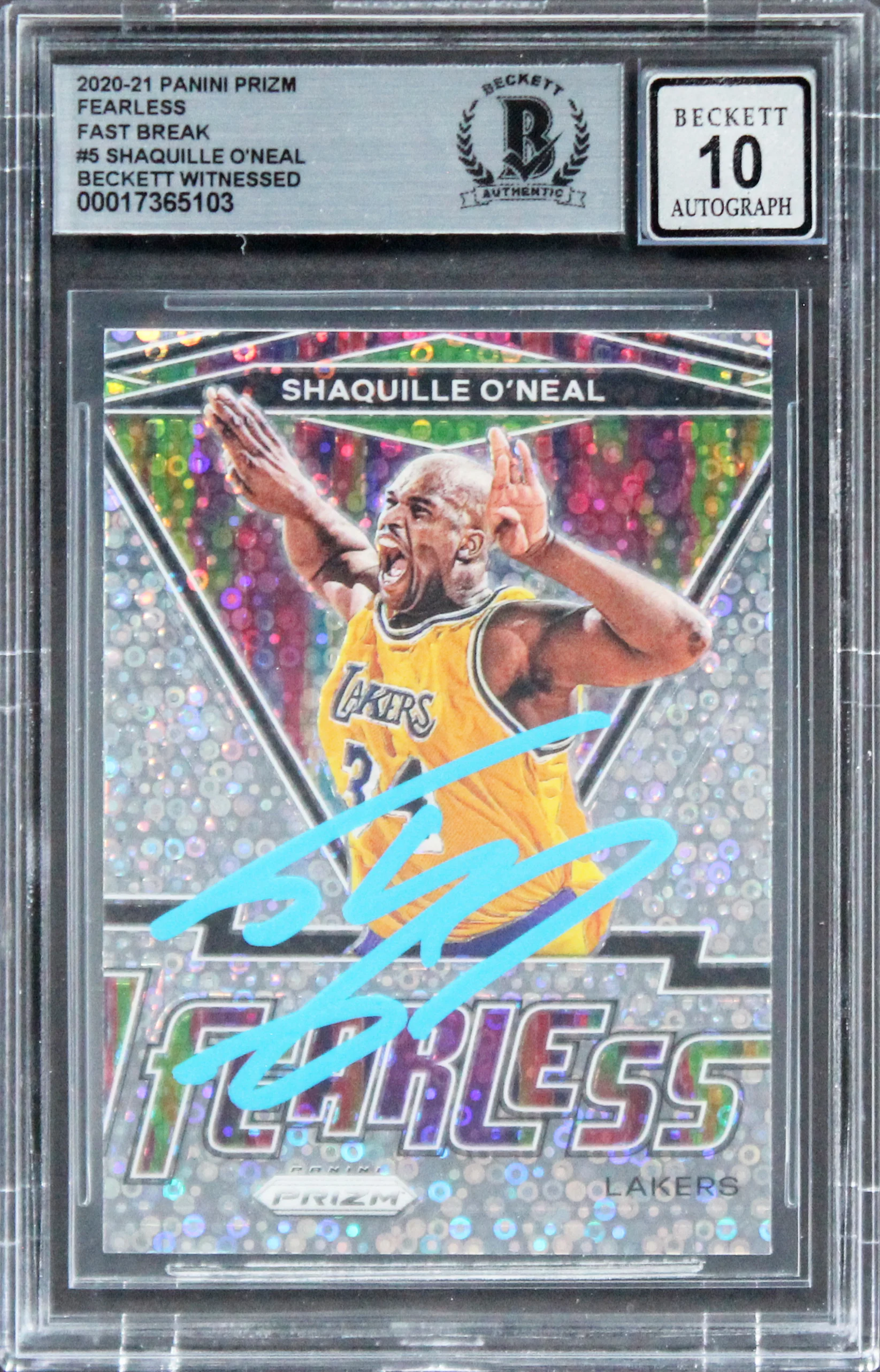 Shaquille O'Neal Signed 2020 Panini Prizm Fearless FB #5 Card Auto 10! BAS Slab - Image 2