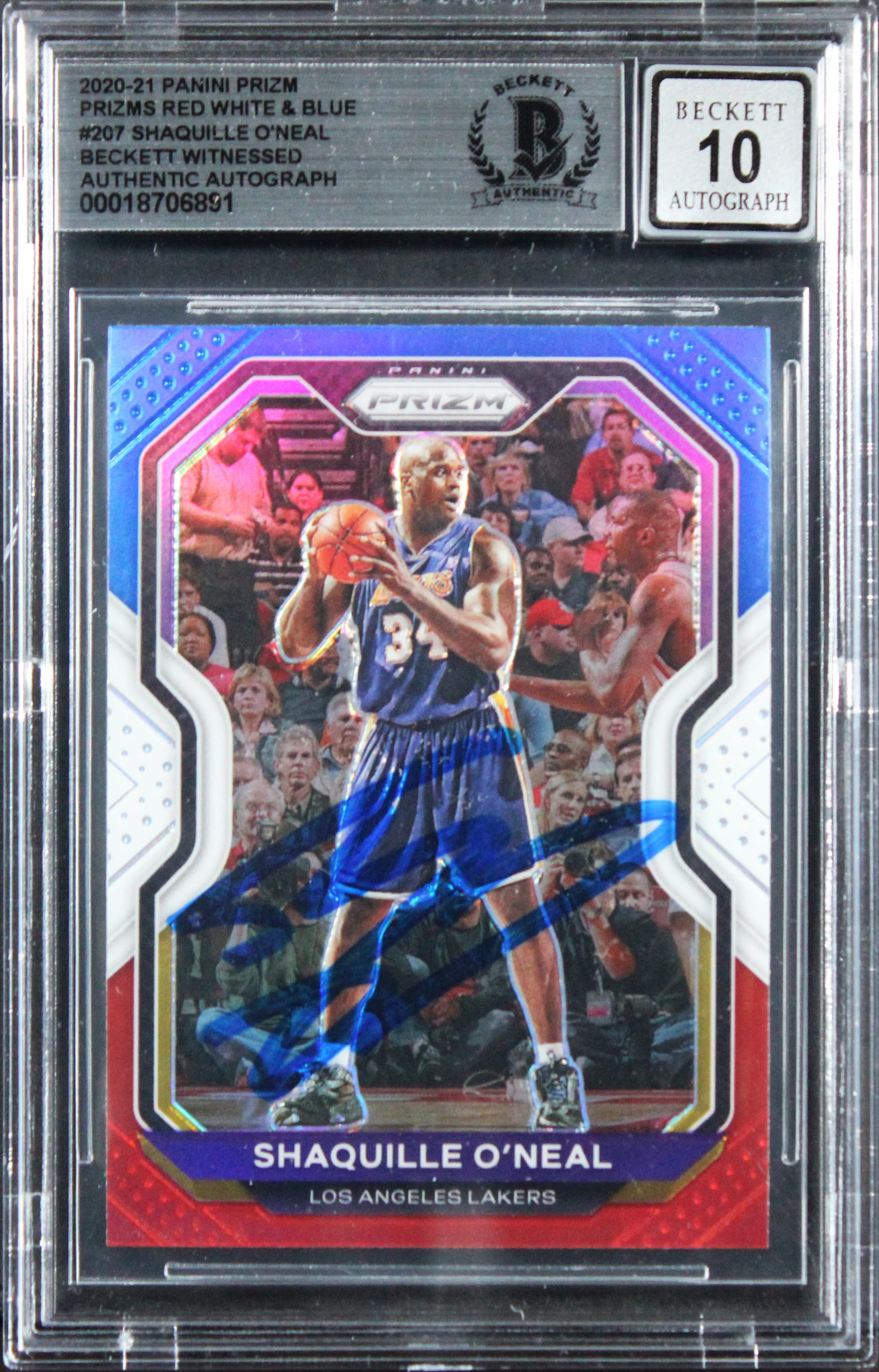 Shaquille O'Neal Signed 2020 Panini Prizm RW&B #207 Card Auto 10! BAS Slabbed