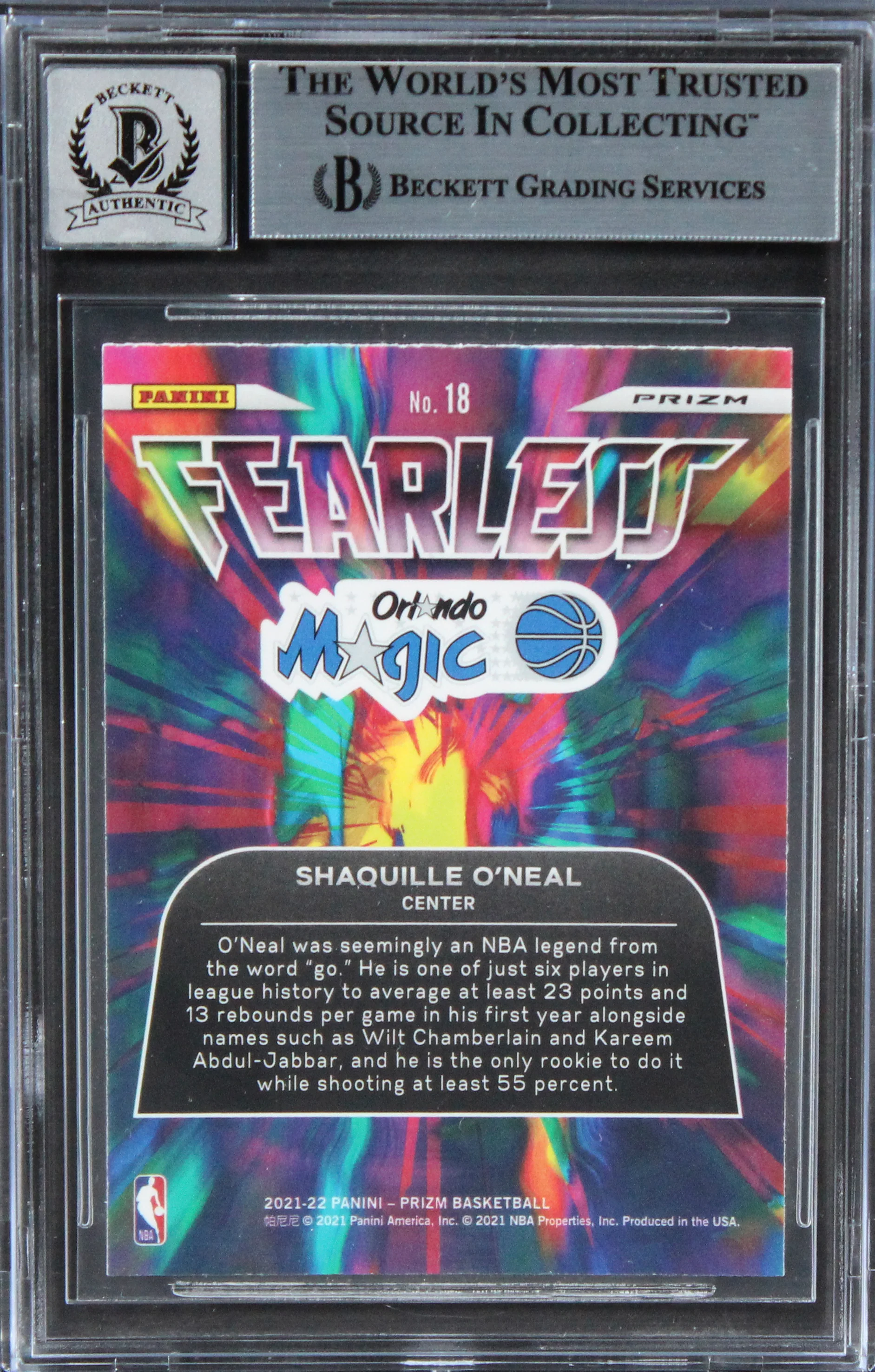Shaquille O'Neal Signed 2021 Panini Prizm Fearless FB #18 Card Auto 10! BAS Slab - Image 3