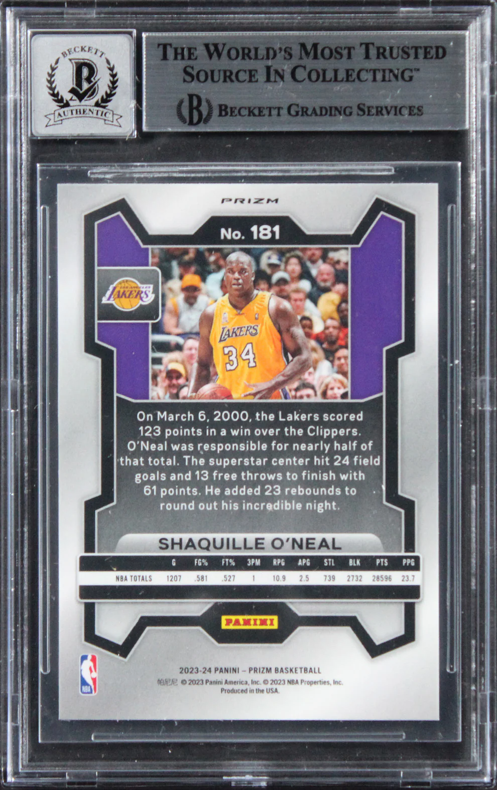 Shaquille O'Neal Signed 2023 Panini Prizm Hyper #181 Card Auto 10! BAS Slabbed - Image 3