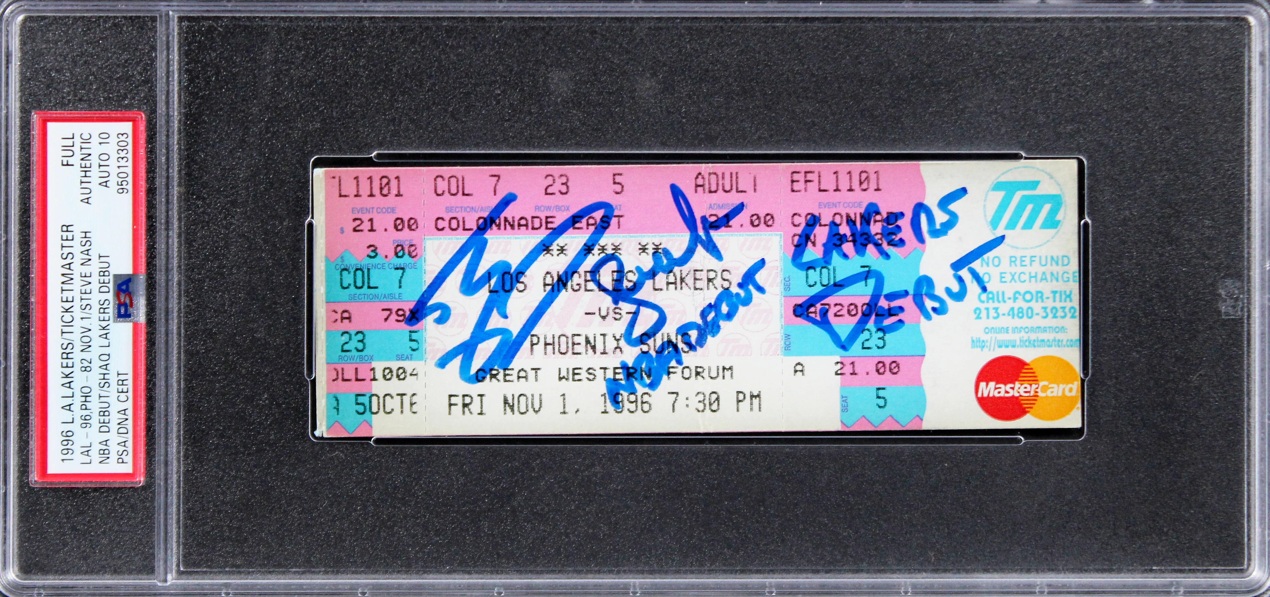 Shaquille O'Neal & Steve Nash Signed 11/1/96 Full Ticket Stub Auto 10 PSA Slab 1 - Image 2