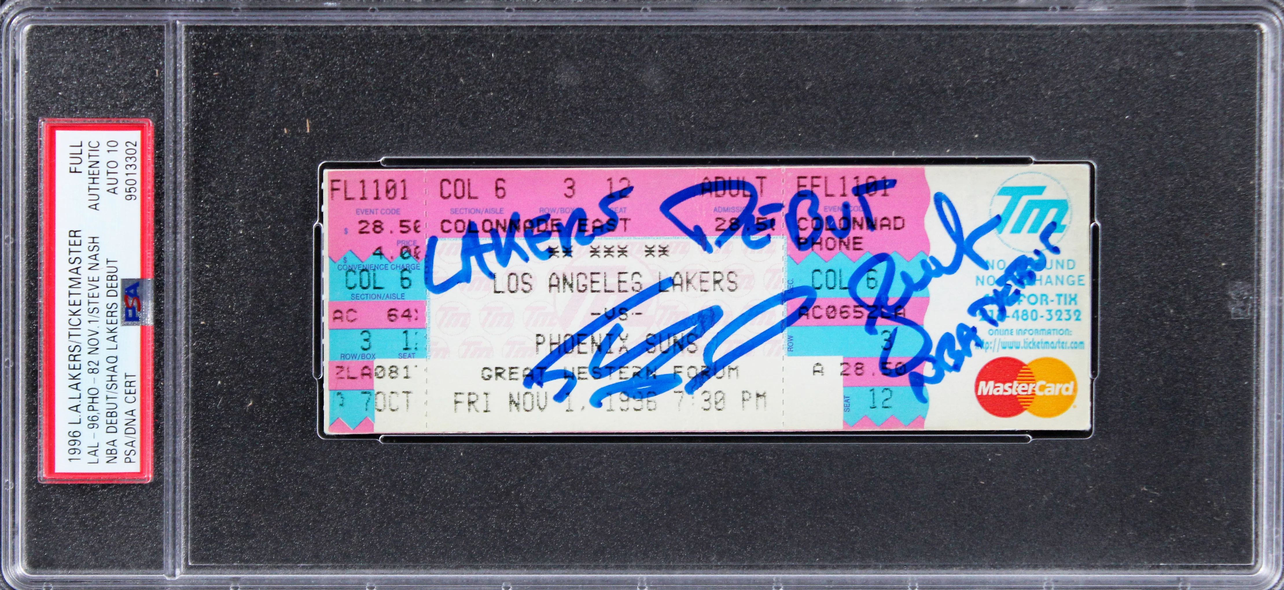 Shaquille O'Neal & Steve Nash Signed 11/1/96 Full Ticket Stub Auto 10 PSA Slab 2 - Image 2