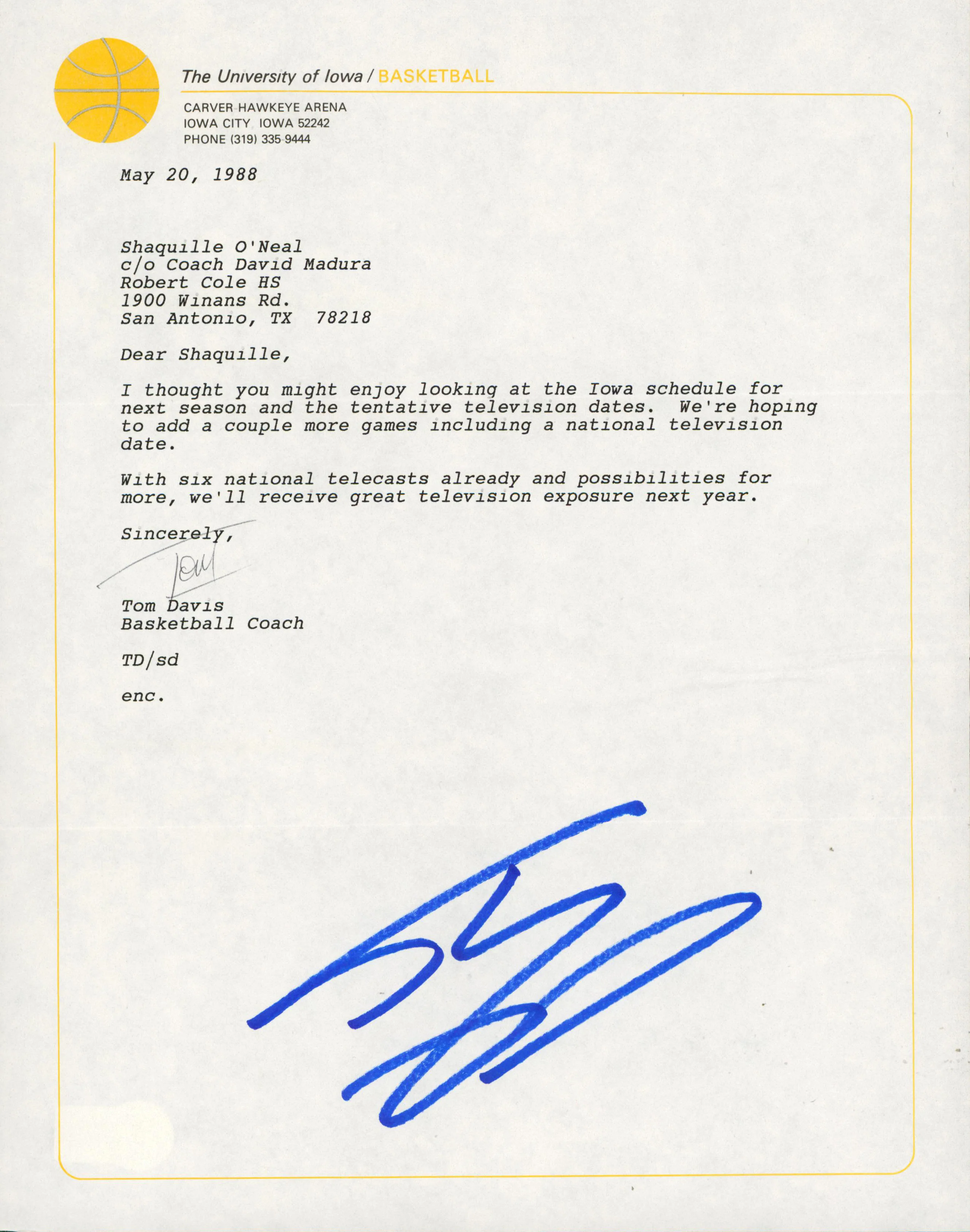 Shaquille O'Neal & Tom Davis Signed 1988 Iowa University Envelope & Letter BAS - Image 2