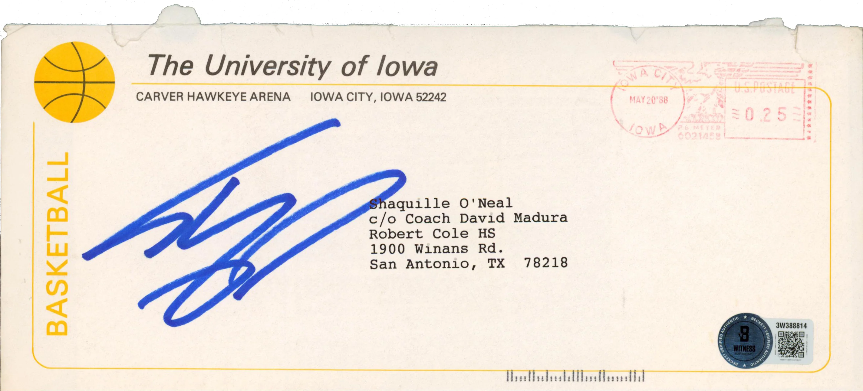Shaquille O'Neal & Tom Davis Signed 1988 Iowa University Envelope & Letter BAS - Image 4