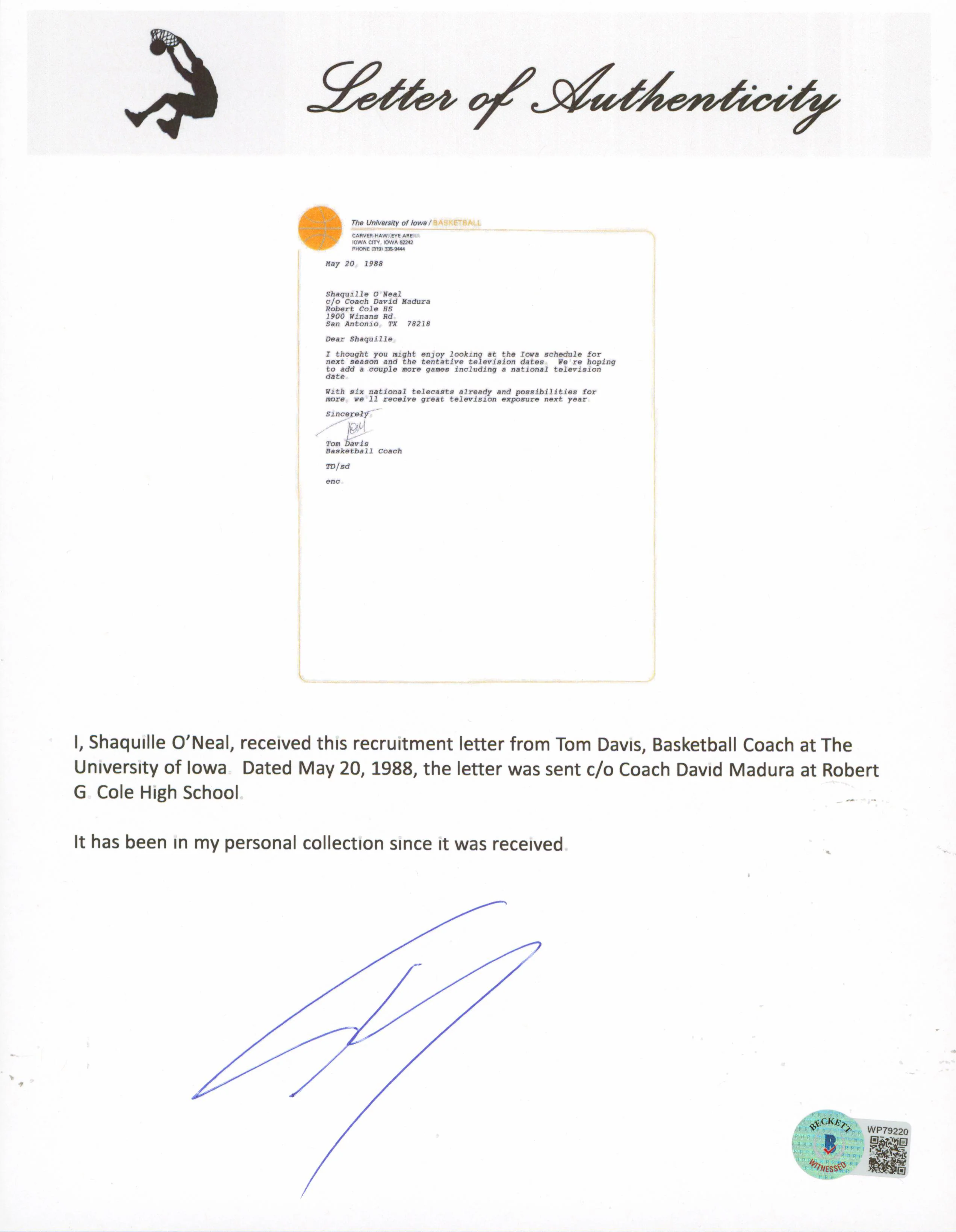 Shaquille O'Neal & Tom Davis Signed 1988 Iowa University Envelope & Letter BAS - Image 5