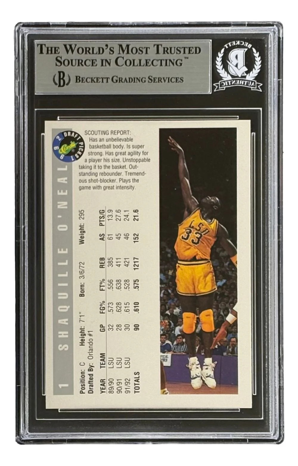 Shaquille O'Neal Signed 1992 Classic #1 Orlando Magic Rookie Card BAS Auto 10 - Image 2