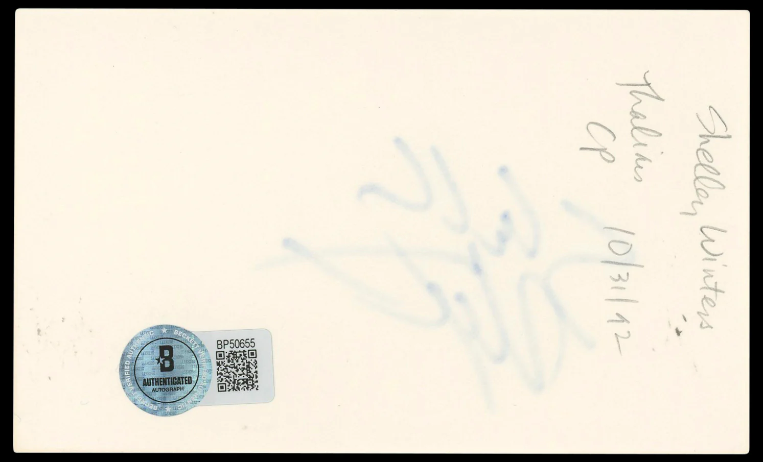 Shelley Winters The Diary Of Anne Frank Signed 3x5 Index Card BAS #BP50655 - Image 3