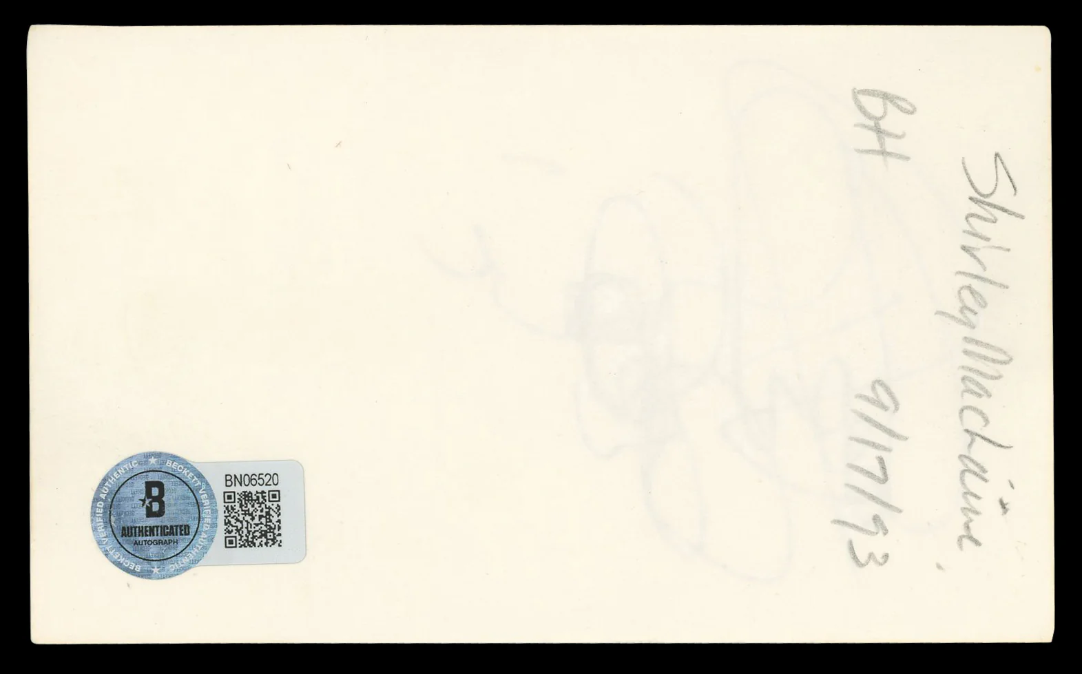Shirley MacLaine Terms of Endearment Signed 3x5 Index Card BAS #BN06520 - Image 3