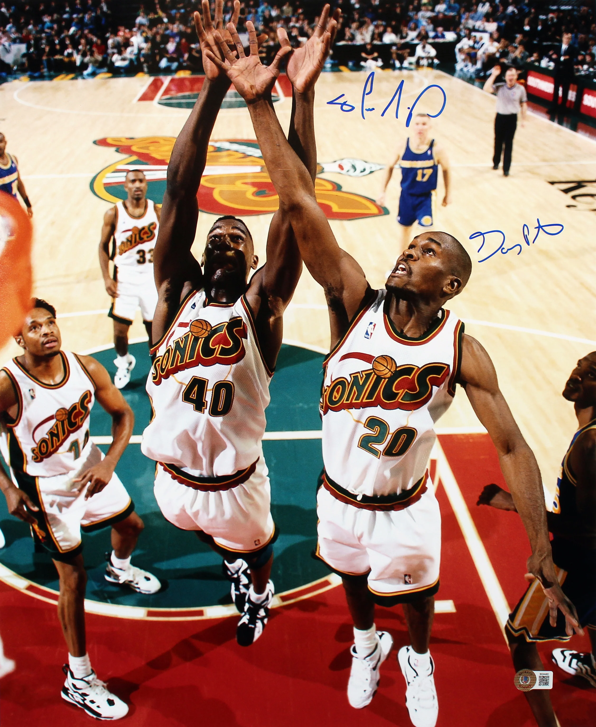 Sonics Gary Payton & Shawn Kemp Signed 16x20 Vertical Rebound Photo BAS Witness