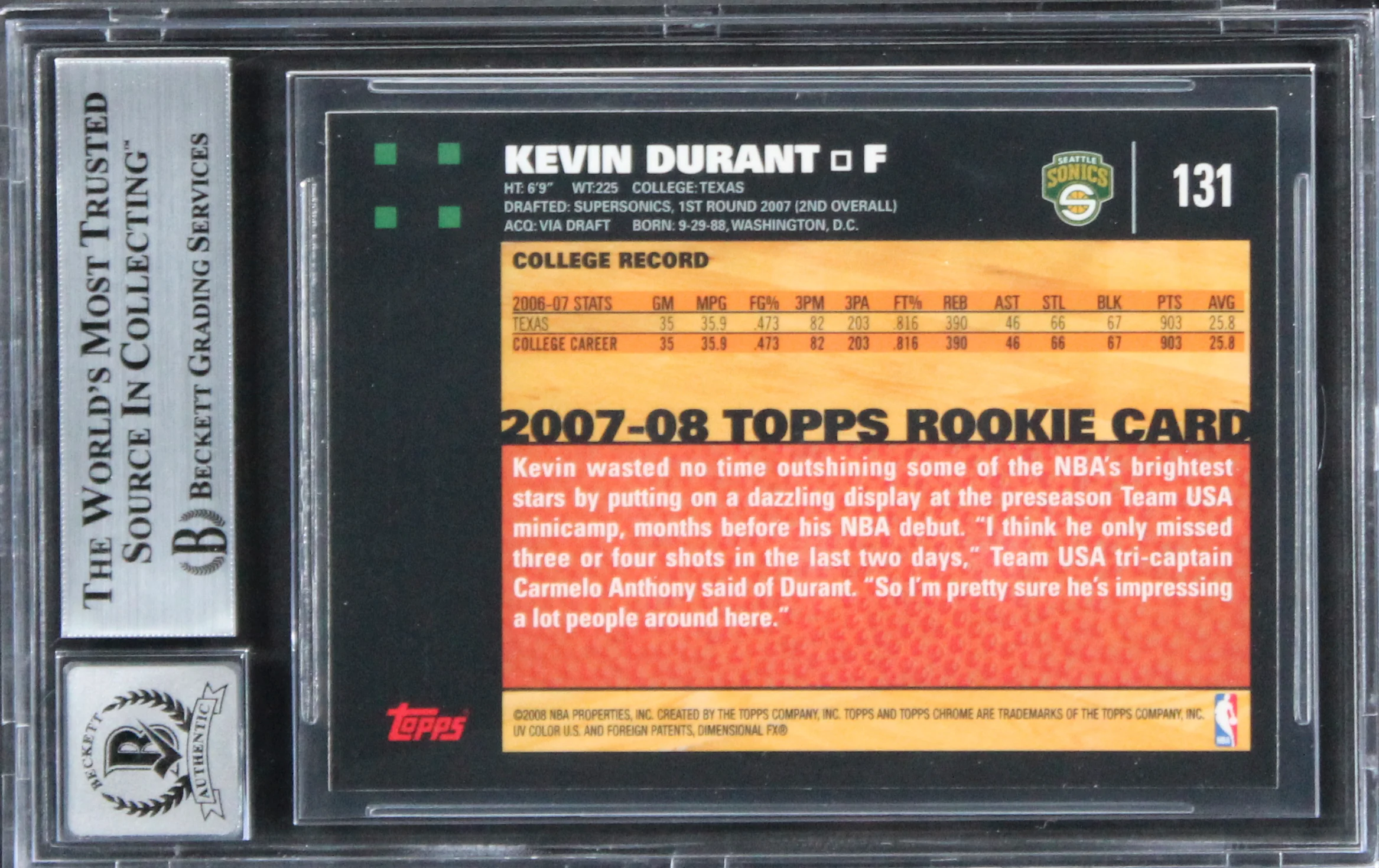 Sonics Kevin Durant Signed 2007 Topps Chrome #131 Rookie Card Auto 10! BAS Slab - Image 3