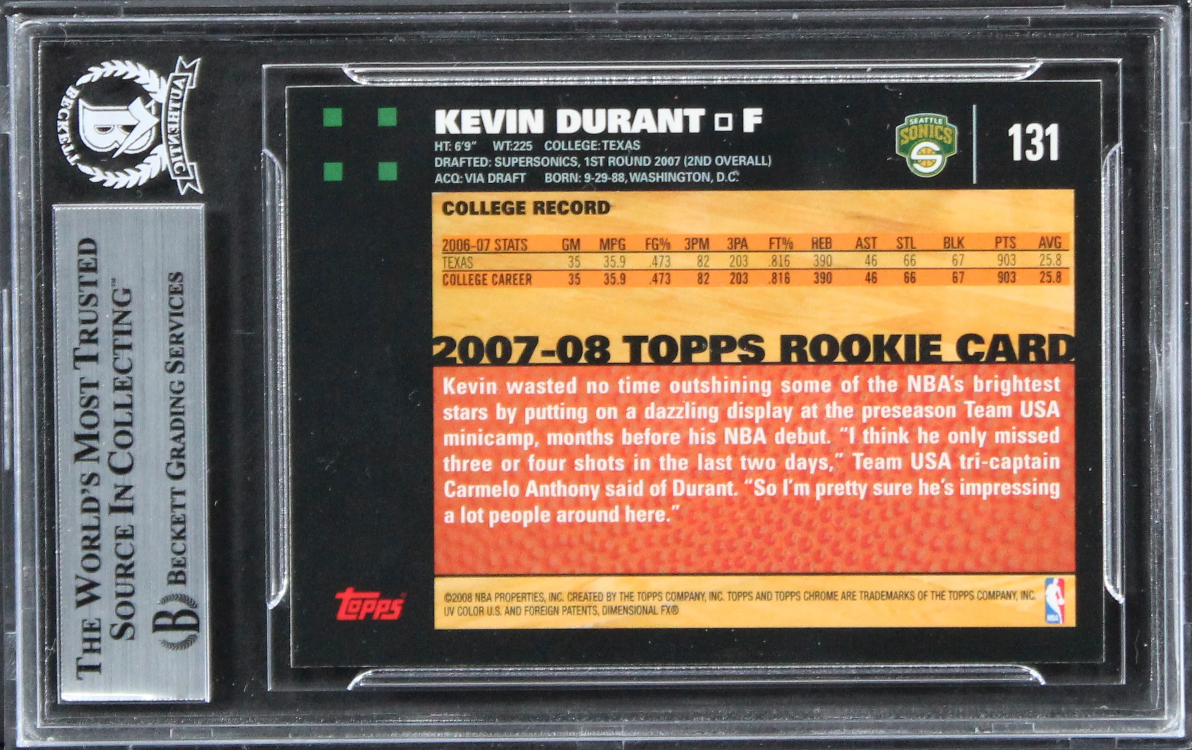 Sonics Kevin Durant Signed 2007 Topps Chrome #131 Rookie Card BAS Slabbed - Image 3