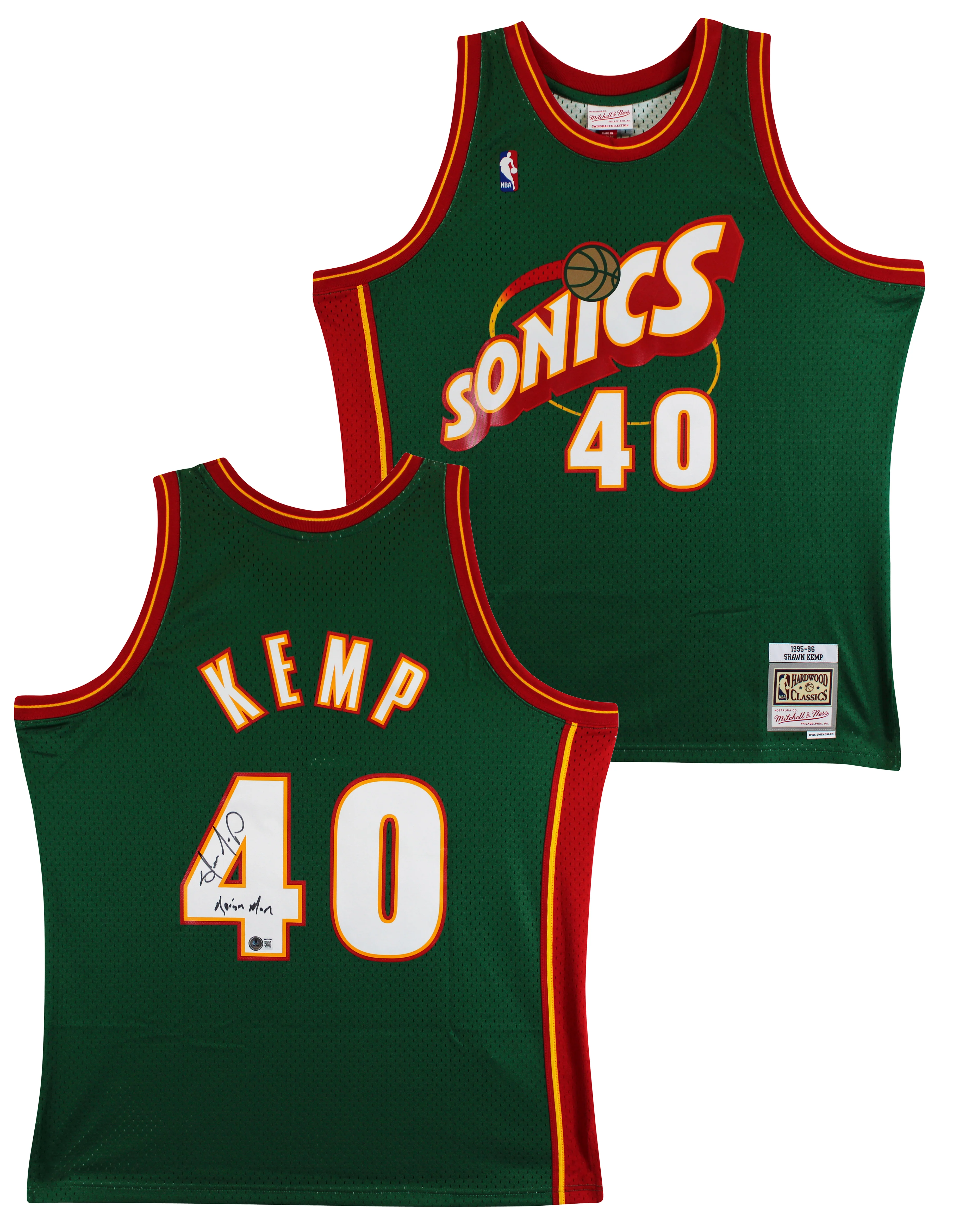 Sonics Shawn Kemp "Reign Man" Signed Green M&N 1995-96 HWC Swingman Jersey BAS W - Image 2