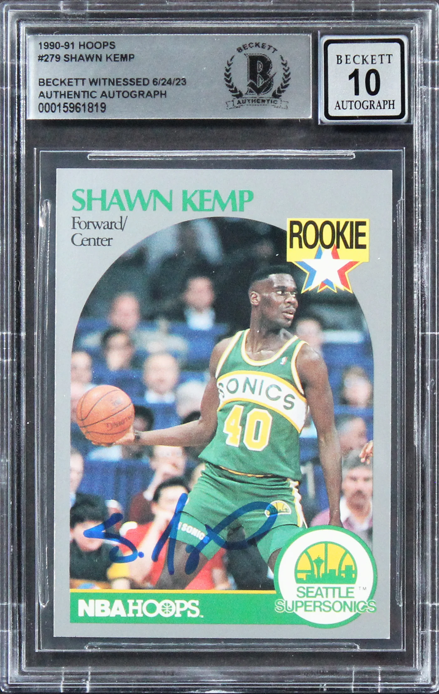 Sonics Shawn Kemp Signed 1990 Hoops #279 Rookie Card Auto 10! BAS Slabbed - Image 2