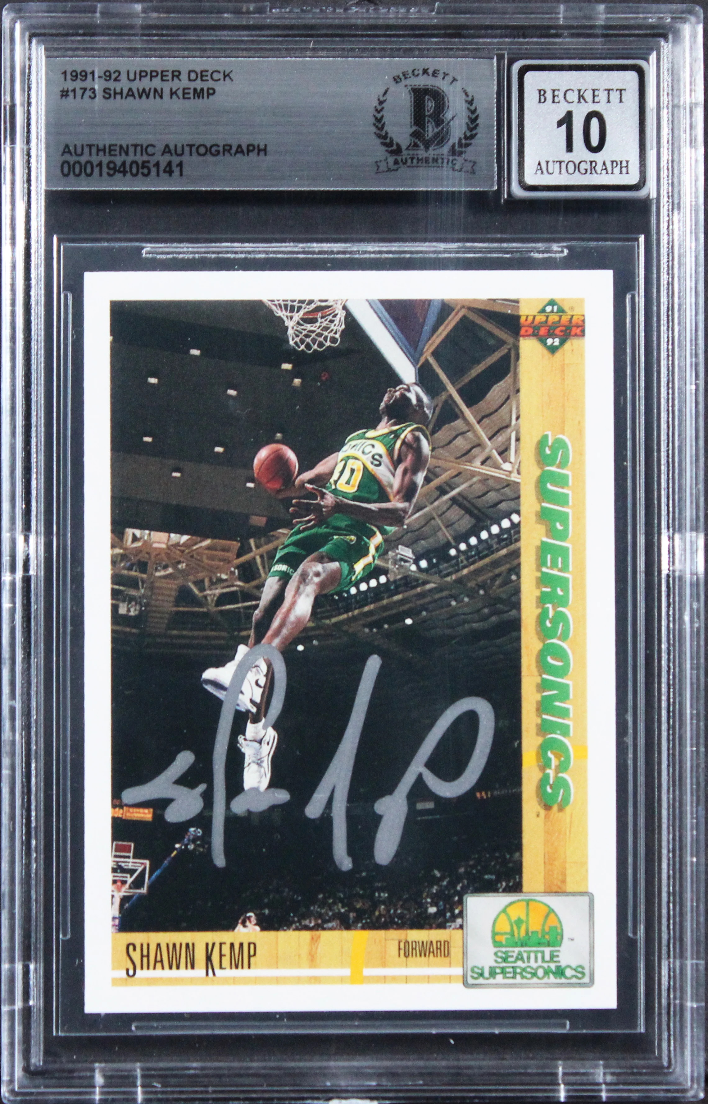 Sonics Shawn Kemp Signed 1991 Upper Deck #173 Card Auto Grade 10! BAS Slabbed - Image 2