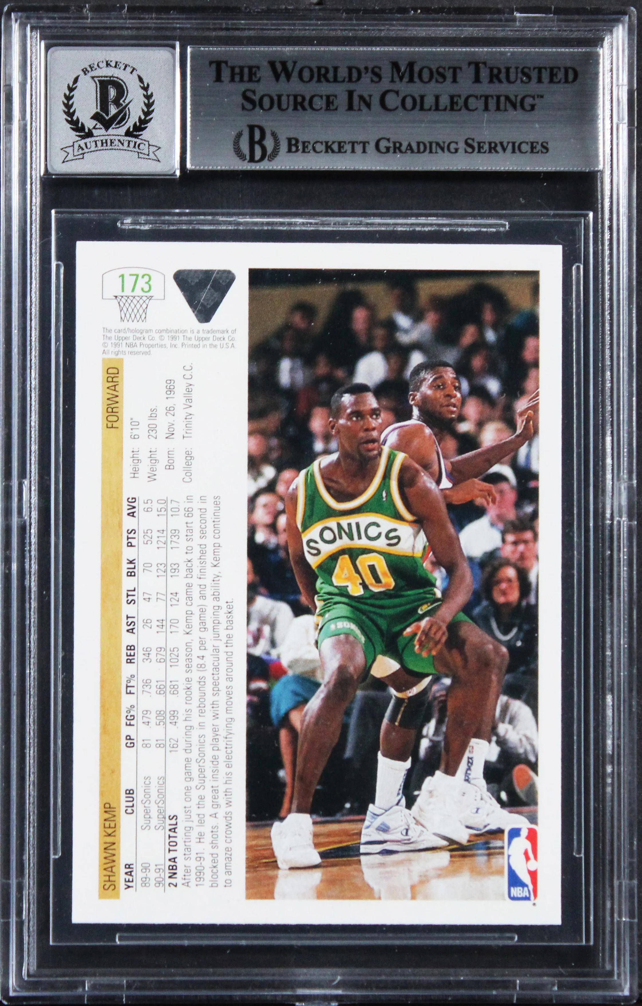 Sonics Shawn Kemp Signed 1991 Upper Deck #173 Card Auto Grade 10! BAS Slabbed - Image 3