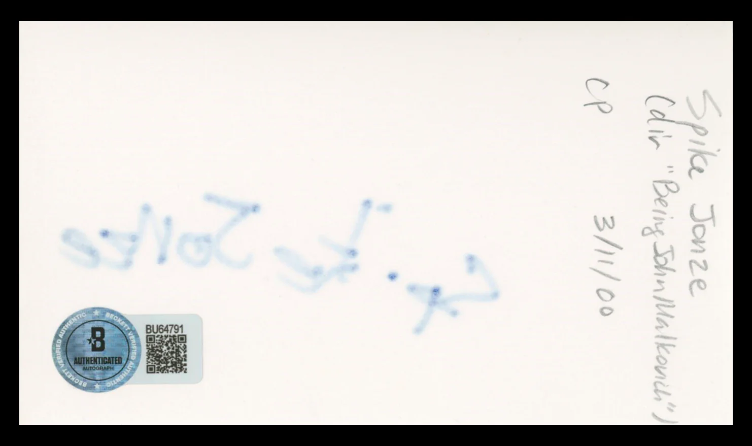Spike Jonze Being John Malkovich Authentic Signed 3x5 Index Card BAS #BU64791 - Image 3