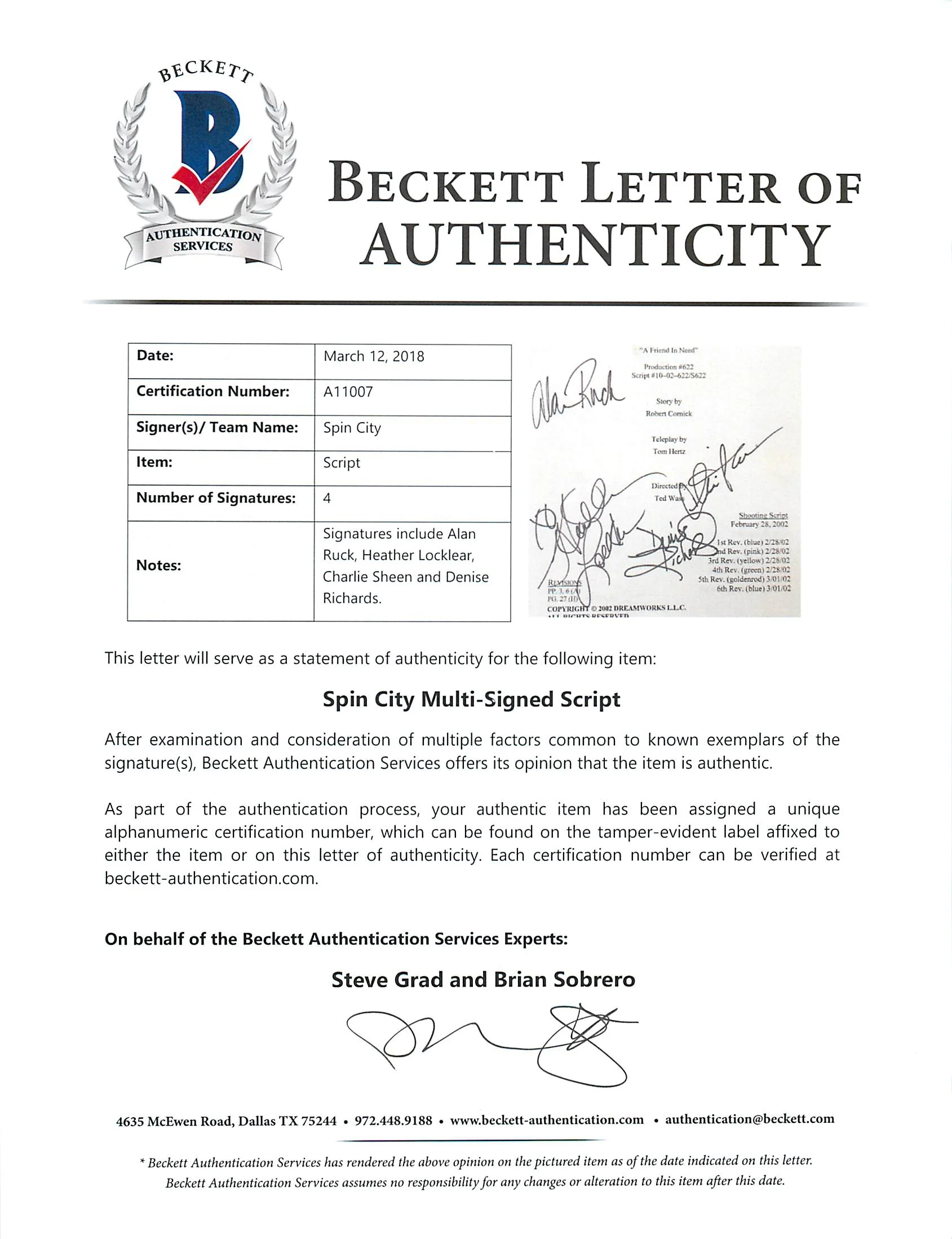 Spin City (4) Sheen, Richards, Locklear & Ruck Signed Used Tv Script BAS #A11007 - Image 10