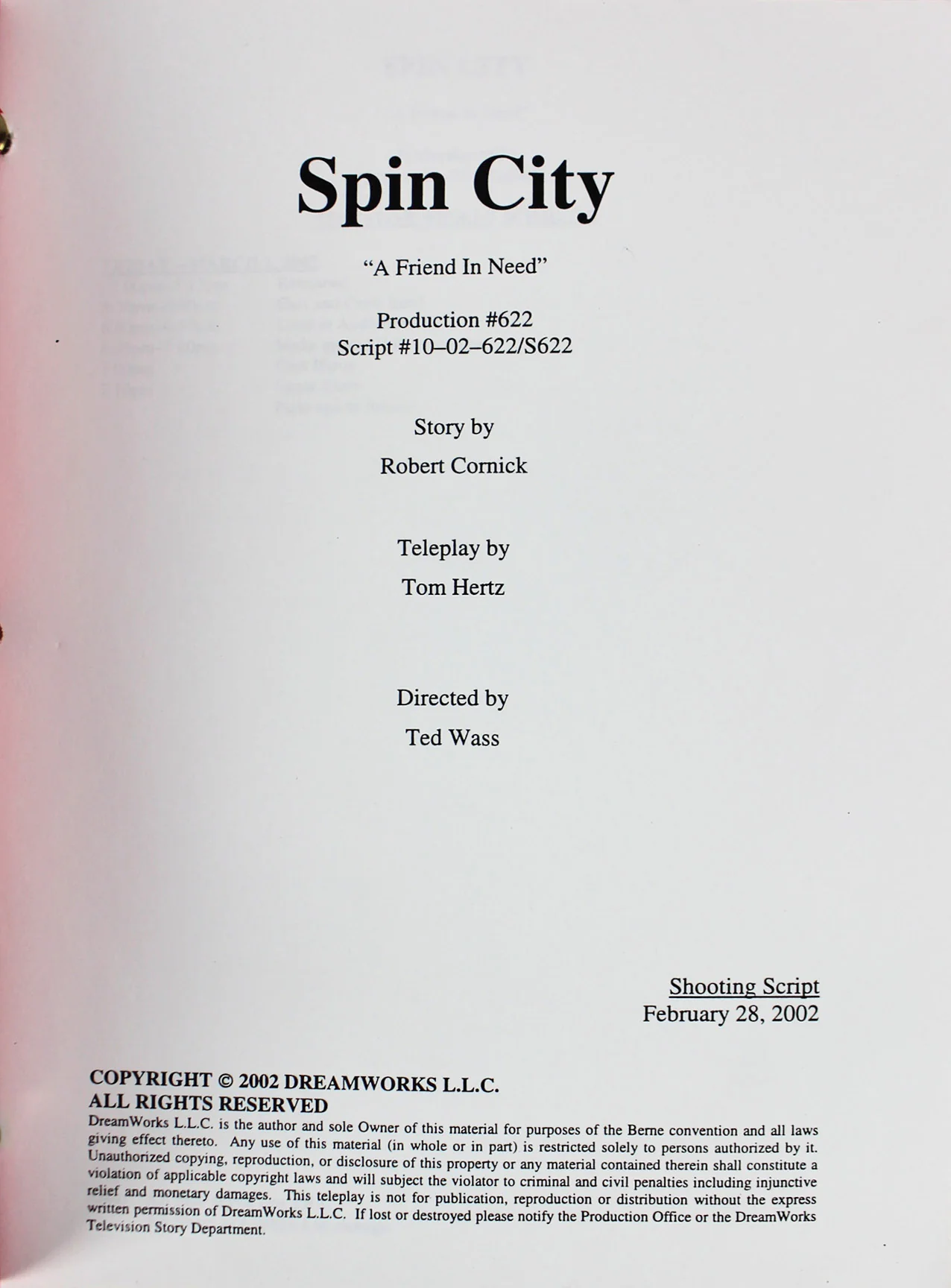 Spin City February 28, 2002 "A Friend In Need" Episode Shooting Script Unsigned - Image 6