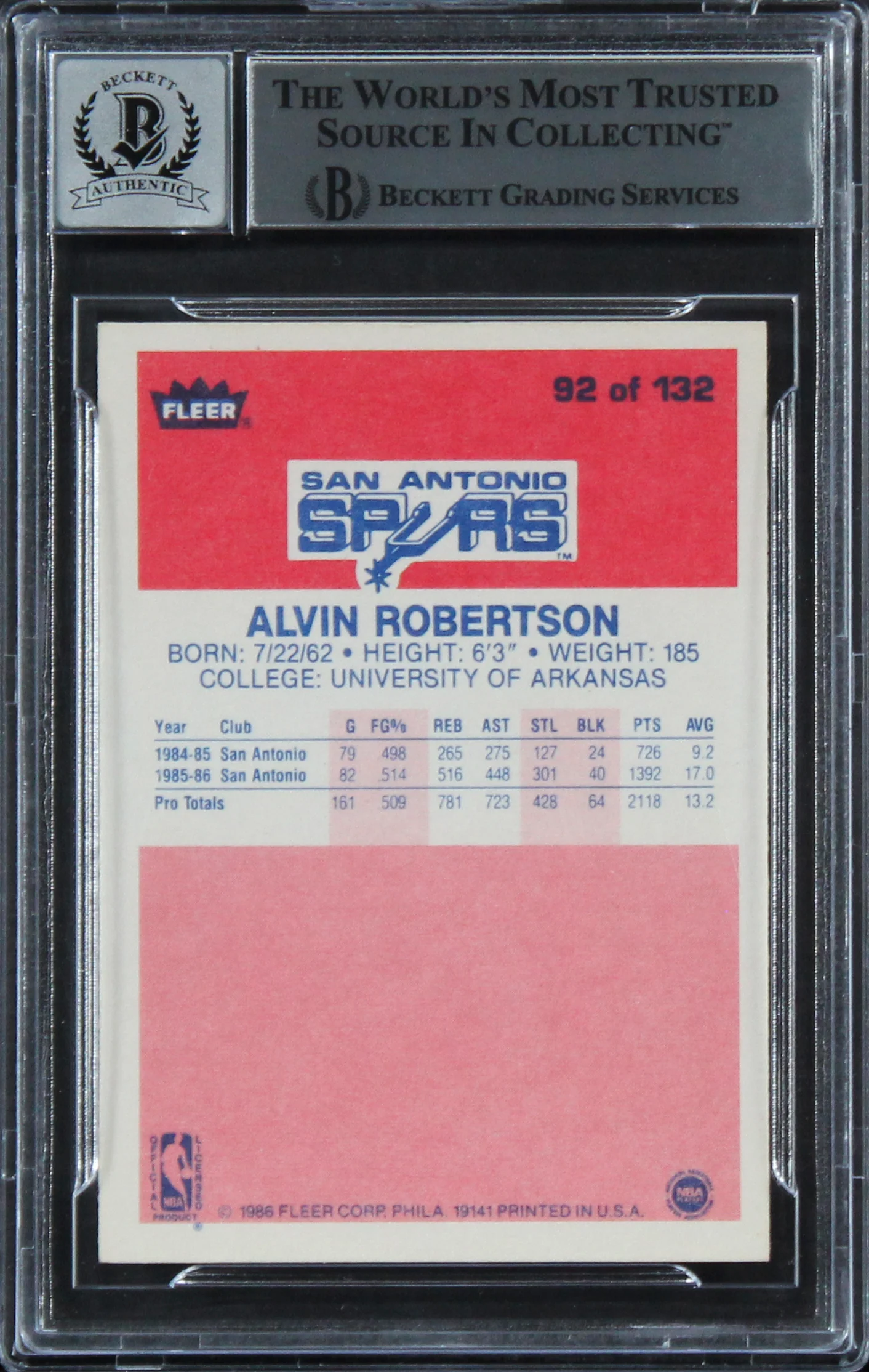 Spurs Alvin Robertson "4x All-Star" Signed 1986 Fleer #92 Card Auto 10! BAS Slab - Image 3