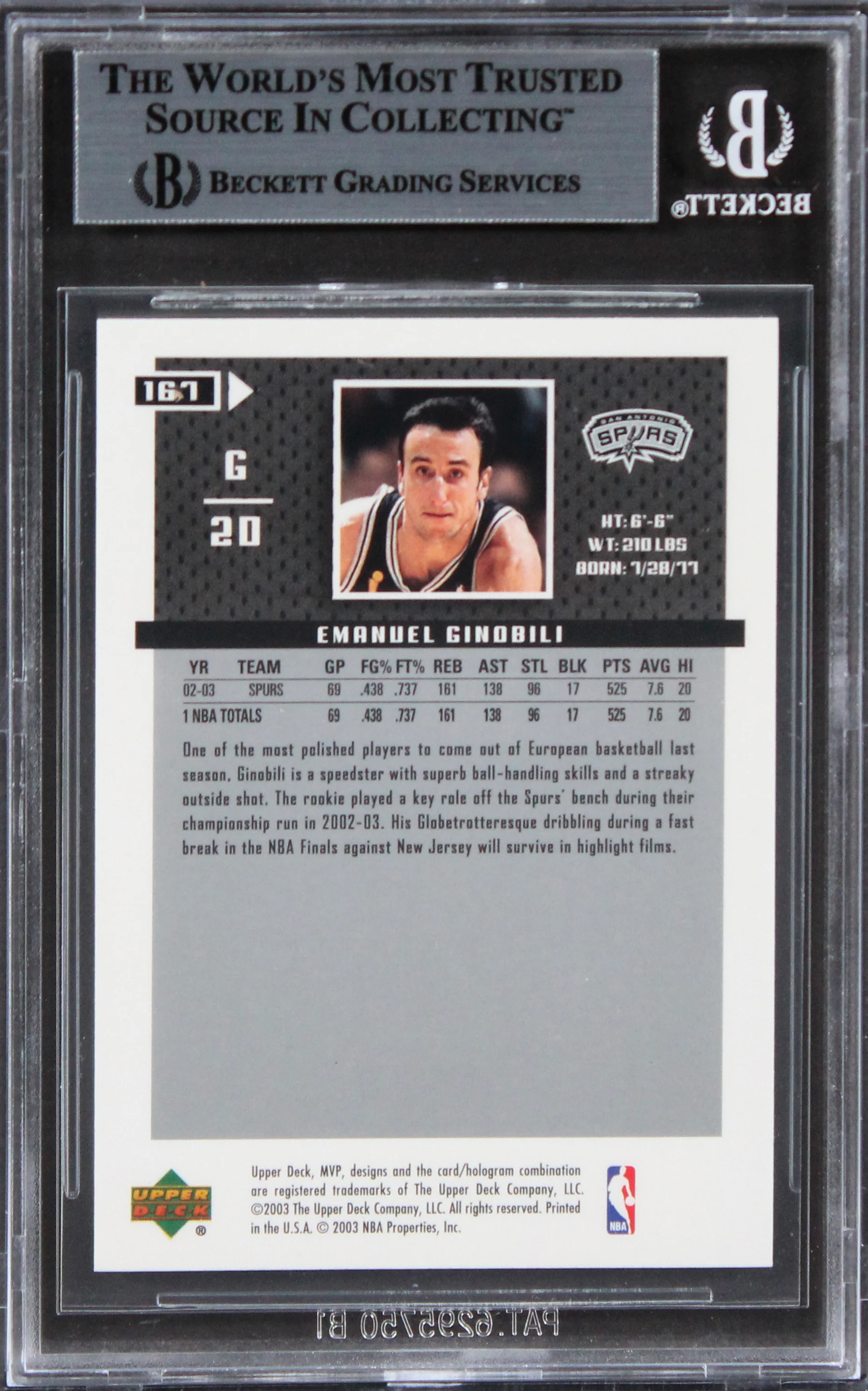 Spurs Emanuel Ginobili Authentic Signed 2003 Upper Deck MVP #167 Card BAS Slab - Image 3