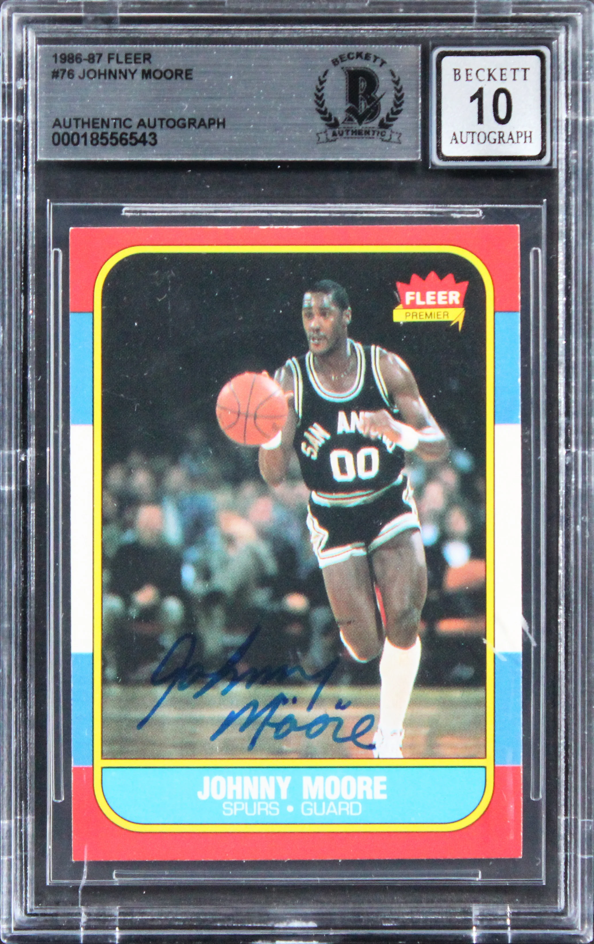 Spurs Johnny Moore Signed 1986 Fleer #76 Card Auto Graded Mint 10! BAS Slabbed - Image 2