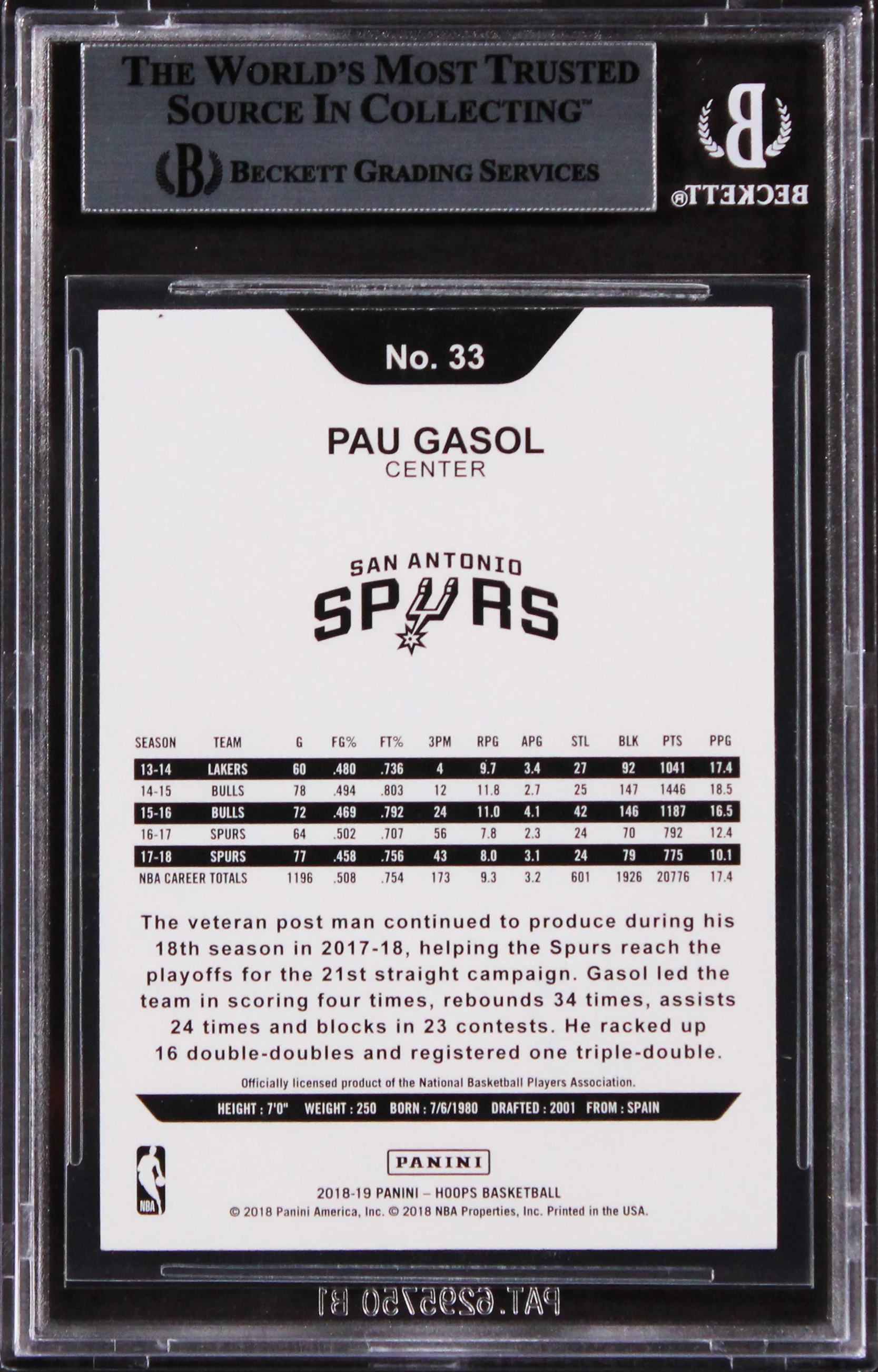 Spurs Pau Gasol Authentic Signed 2018 Hoops #33 Card Autographed BAS Slabbed - Image 3