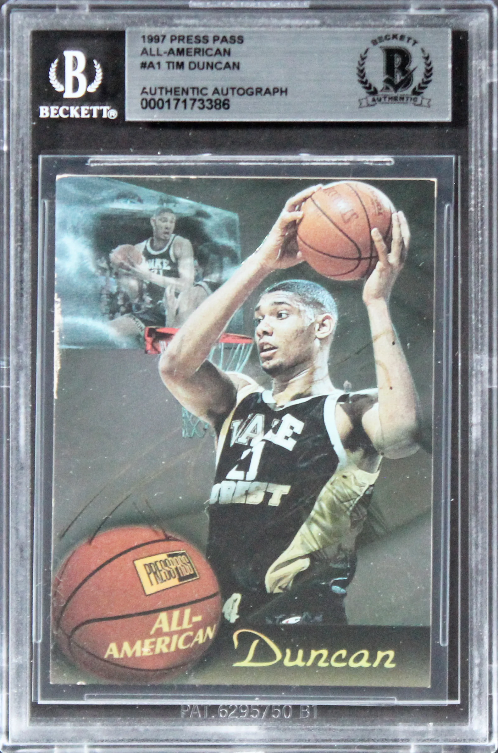 Spurs Tim Duncan Signed 1997 Press Pass All-American #A1 Rookie Card BAS Slabbed - Image 2