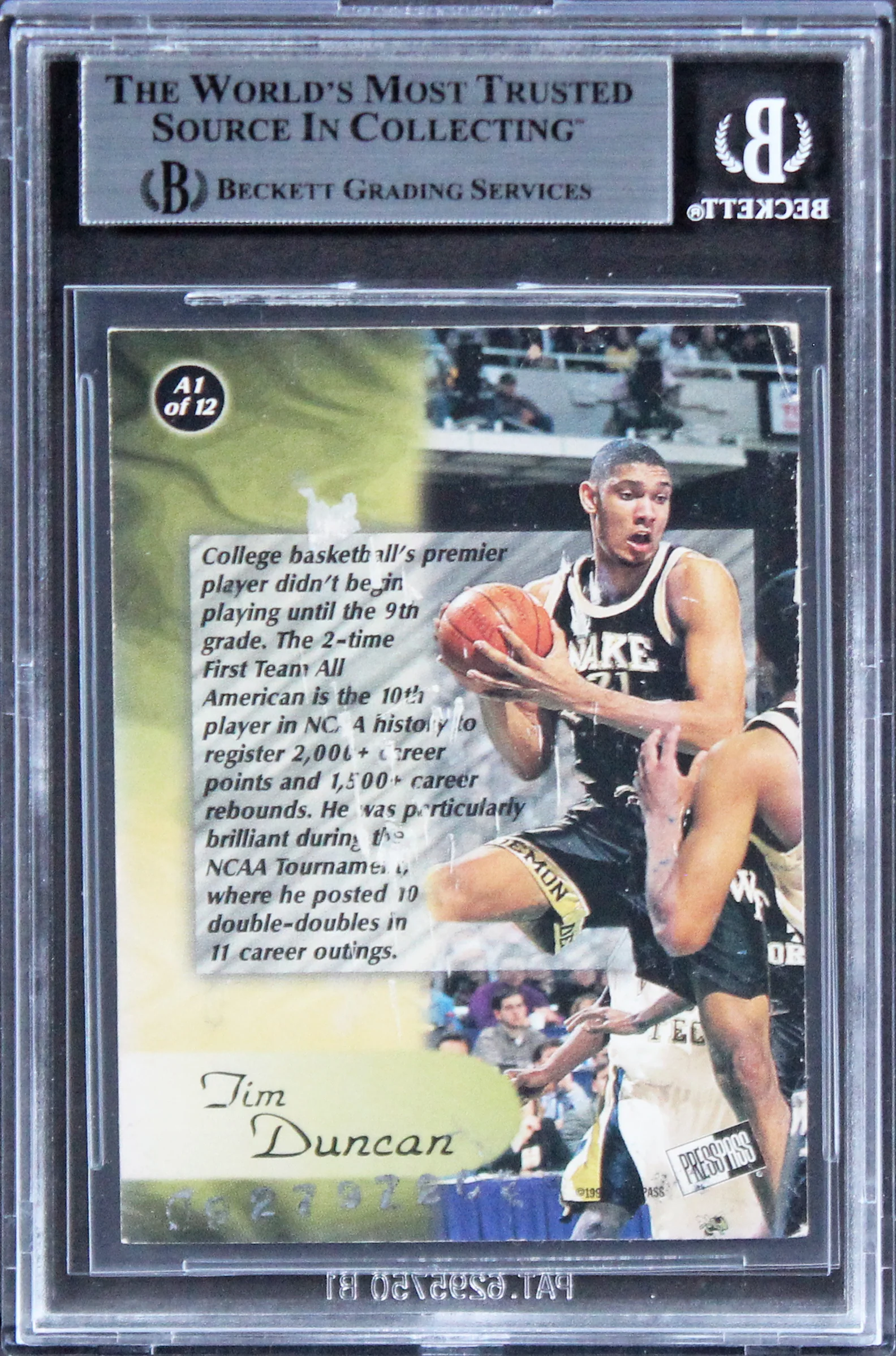Spurs Tim Duncan Signed 1997 Press Pass All-American #A1 Rookie Card BAS Slabbed - Image 3