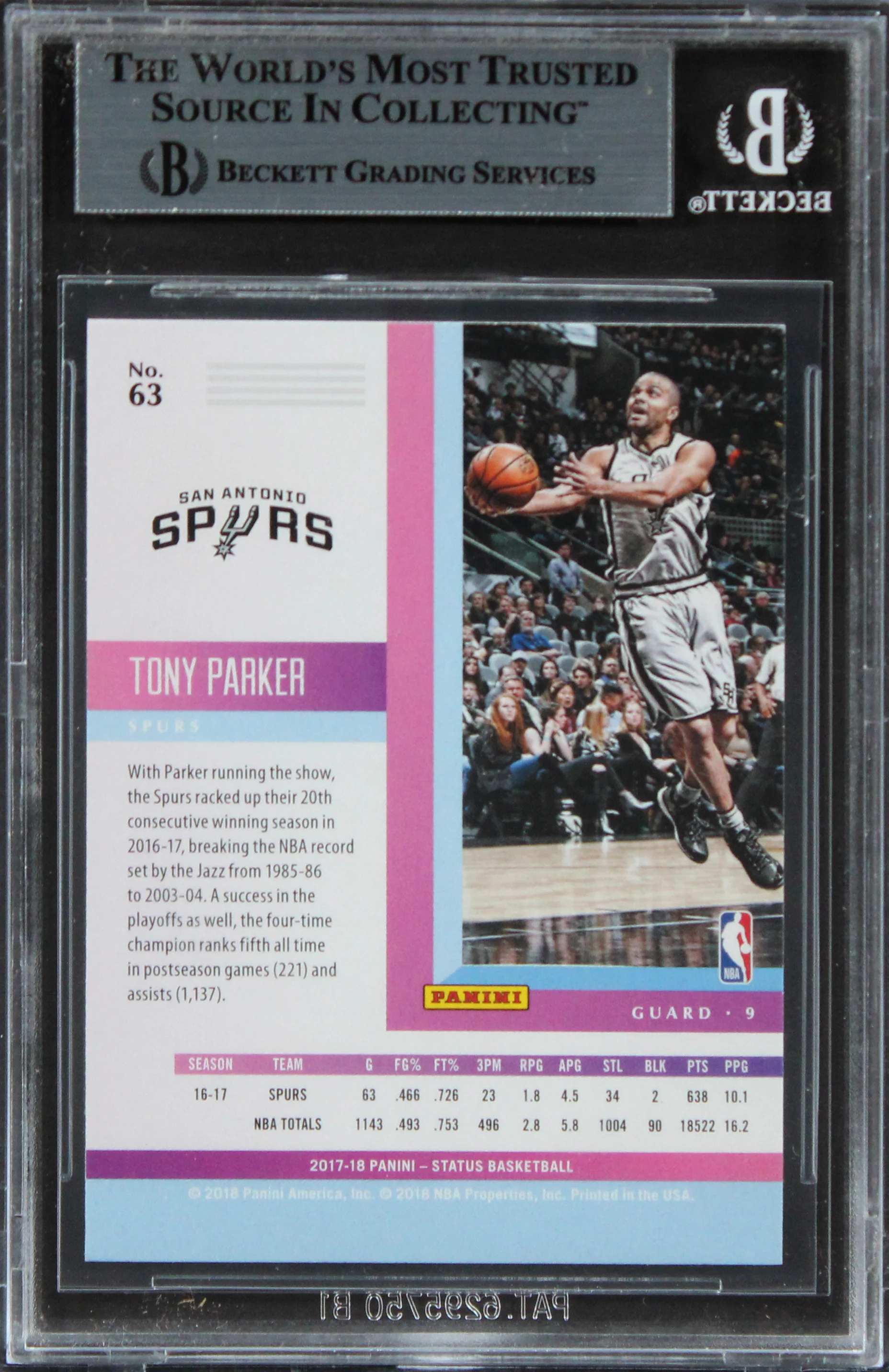 Spurs Tony Parker Authentic Signed 2017 Panini Status #63 Card BAS Slabbed - Image 3