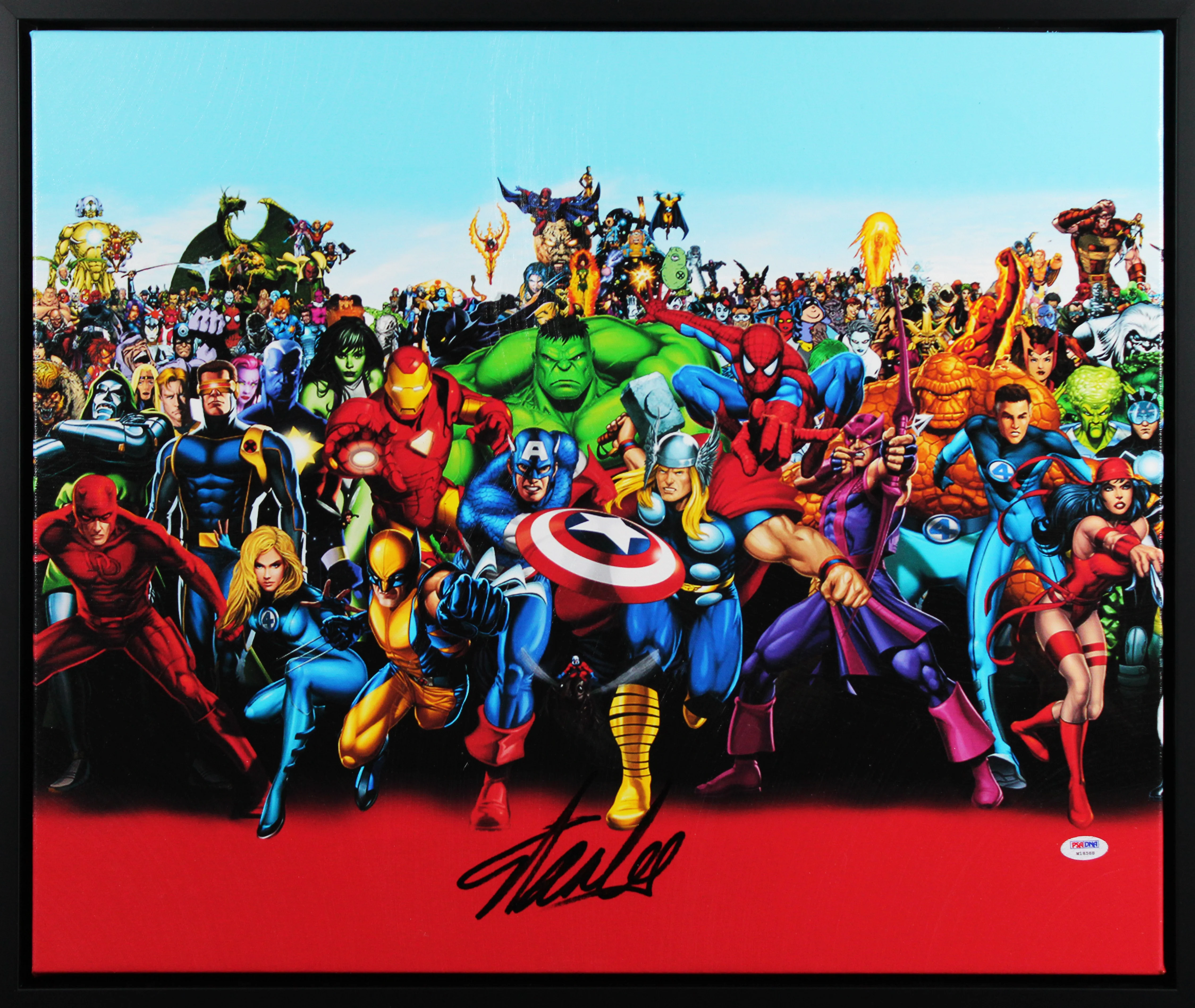 Stan Lee Marvel Authentic Signed & Framed 20x24 Marvel Cast Canvas PSA #W18588