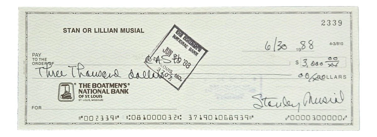 Stan Musial St. Louis Cardinals Signed Bank Check #2339 BAS Y19823