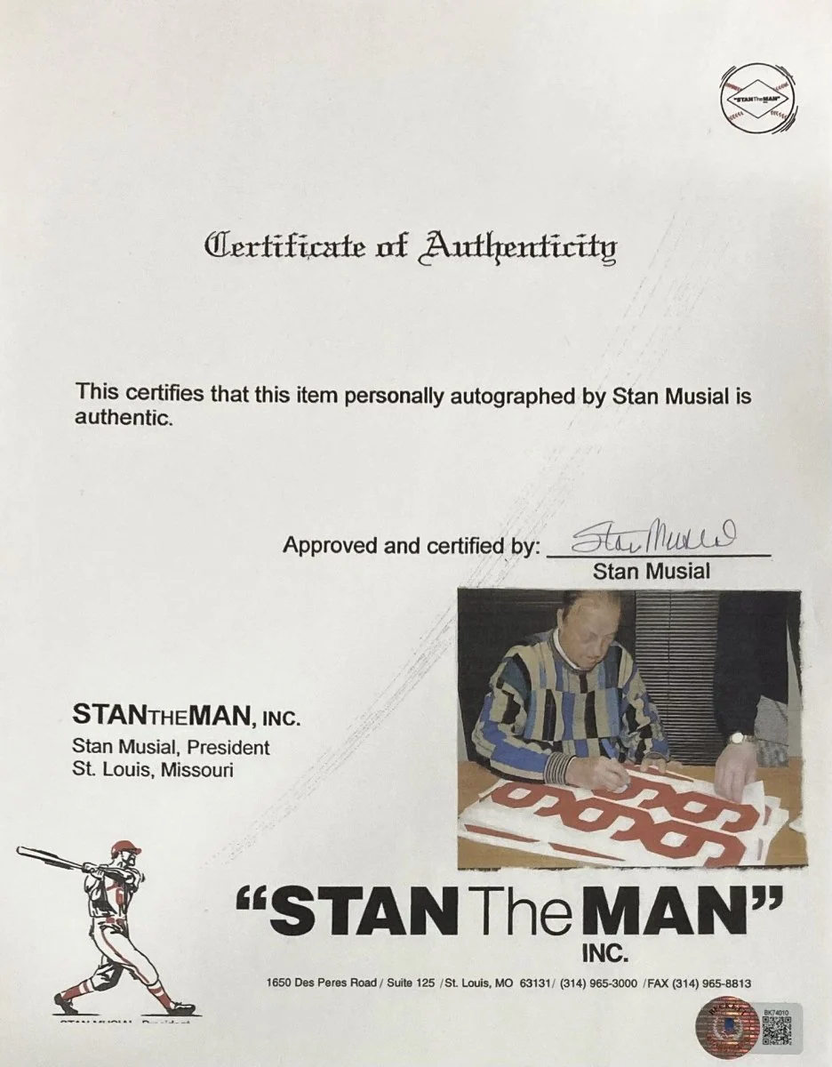 Stan Musial St. Louis Cardinals Signed Musial Certificate Of Authenticity 3 BAS