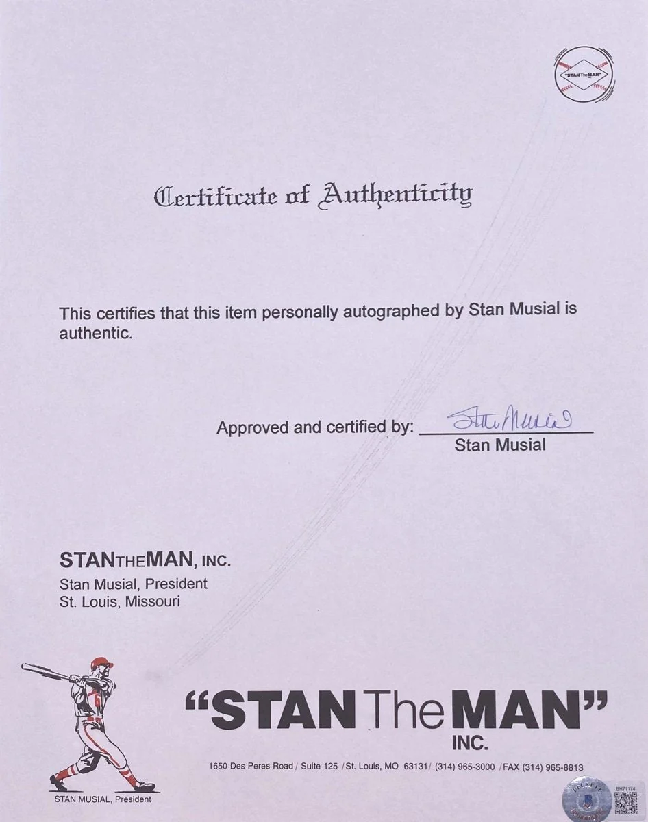 Stan Musial St. Louis Cardinals Signed Musial Certificate Of Authenticity BAS