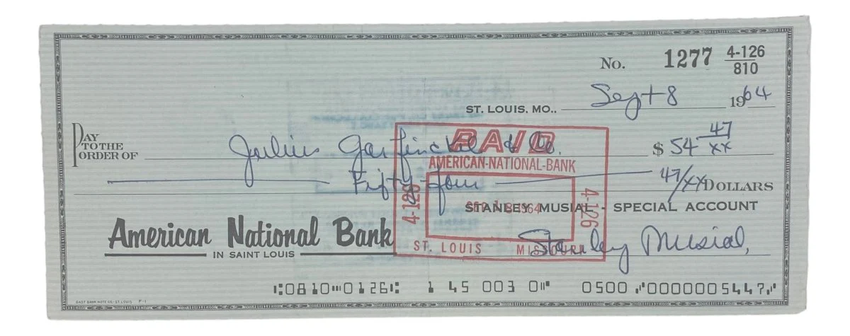 Stan Musial St. Louis Cardinals Signed Bank Check #1277 BAS