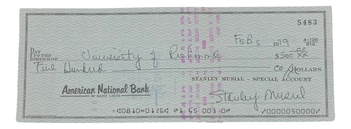 Stan Musial St. Louis Cardinals Signed Bank Check #5483 BAS