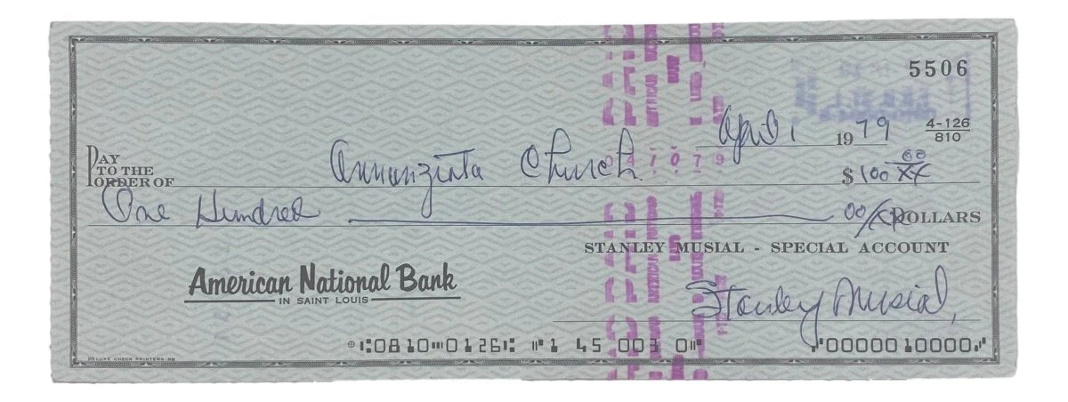 Stan Musial St. Louis Cardinals Signed Bank Check #5506 BAS