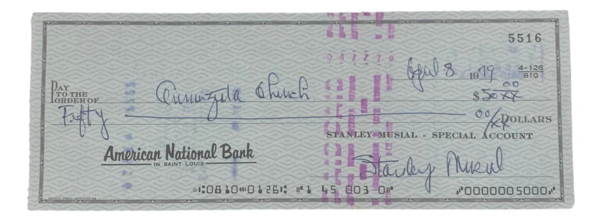 Stan Musial St. Louis Cardinals Signed Bank Check #5516 BAS - Image 5