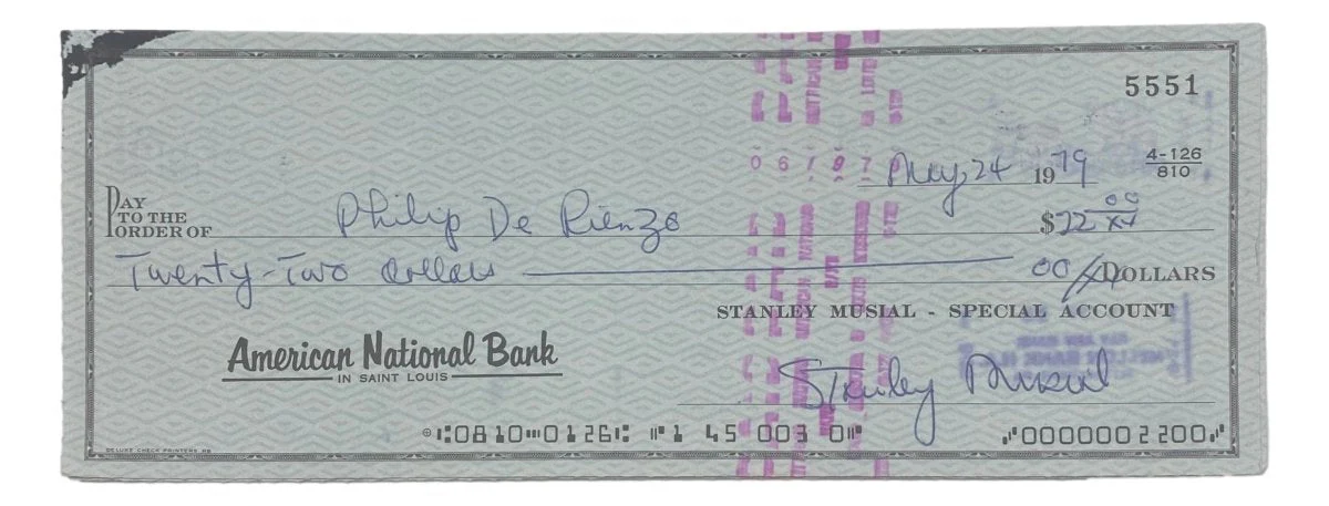 Stan Musial St. Louis Cardinals Signed Bank Check #5551 BAS