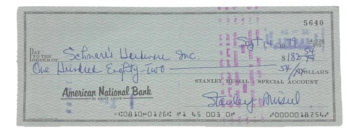 Stan Musial St. Louis Cardinals Signed Bank Check #5640 BAS
