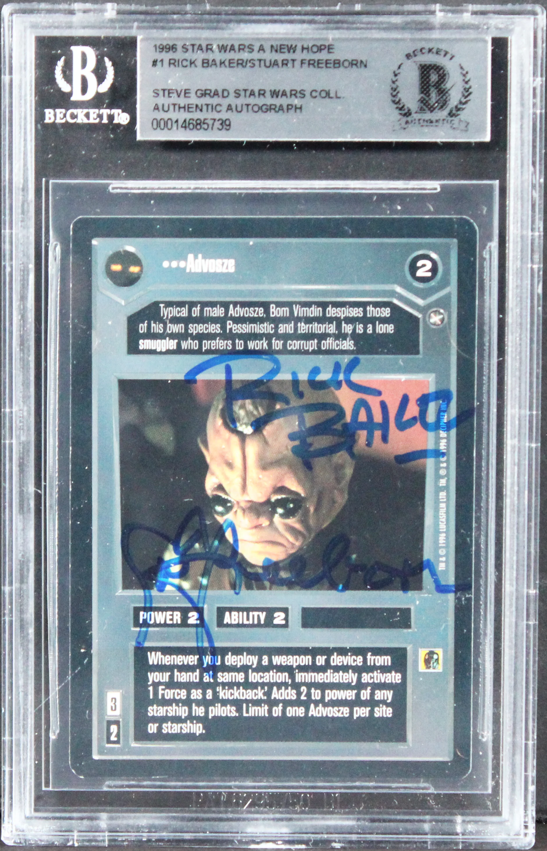 Star Wars (2) Baker & Freeborn Signed 1996 SW A New Hope #1 Card BAS Slabbed - Image 2