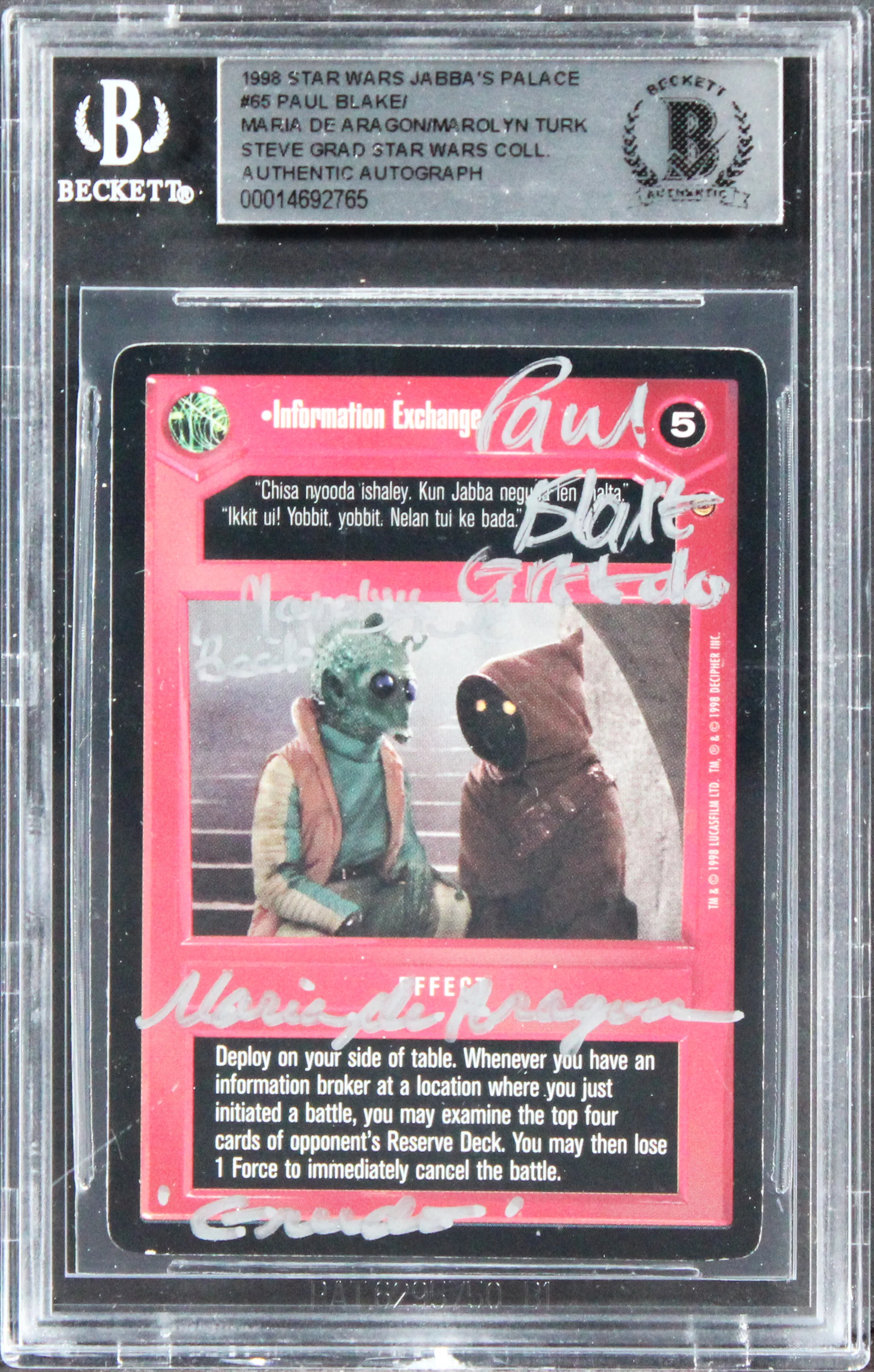 Star Wars (3) Blake, Turk +1 Signed 1998 SW Jabba's Palace #65 Card BAS Slabbed - Image 2