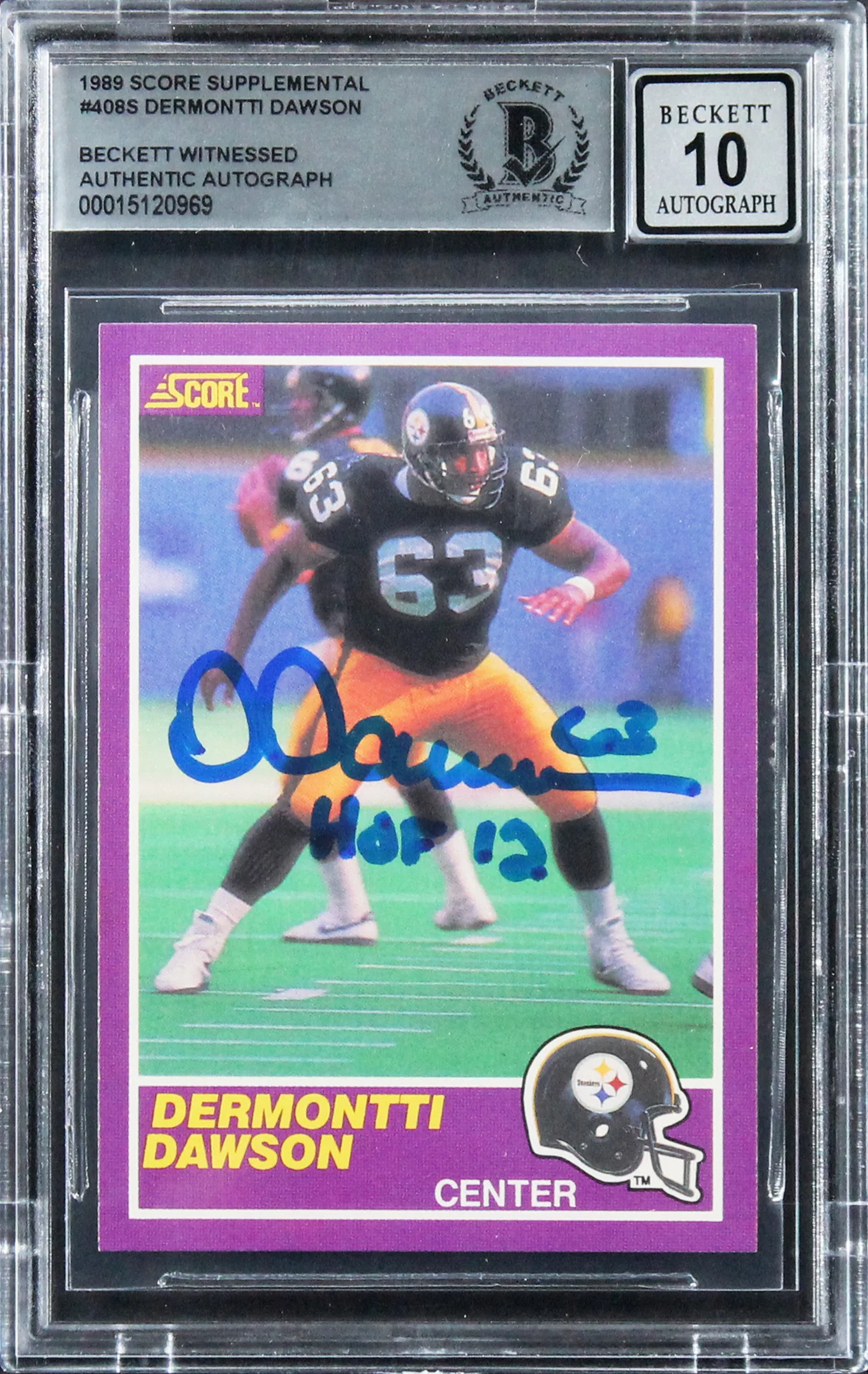 Steelers Dermontti Dawson Signed 1989 Score #408S RC Card Auto 10! BAS Slabbed - Image 2