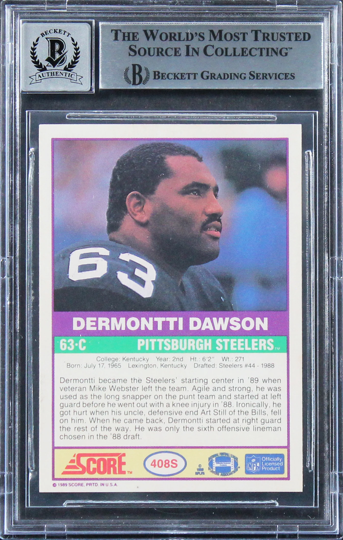 Steelers Dermontti Dawson Signed 1989 Score #408S RC Card Auto 10! BAS Slabbed - Image 3