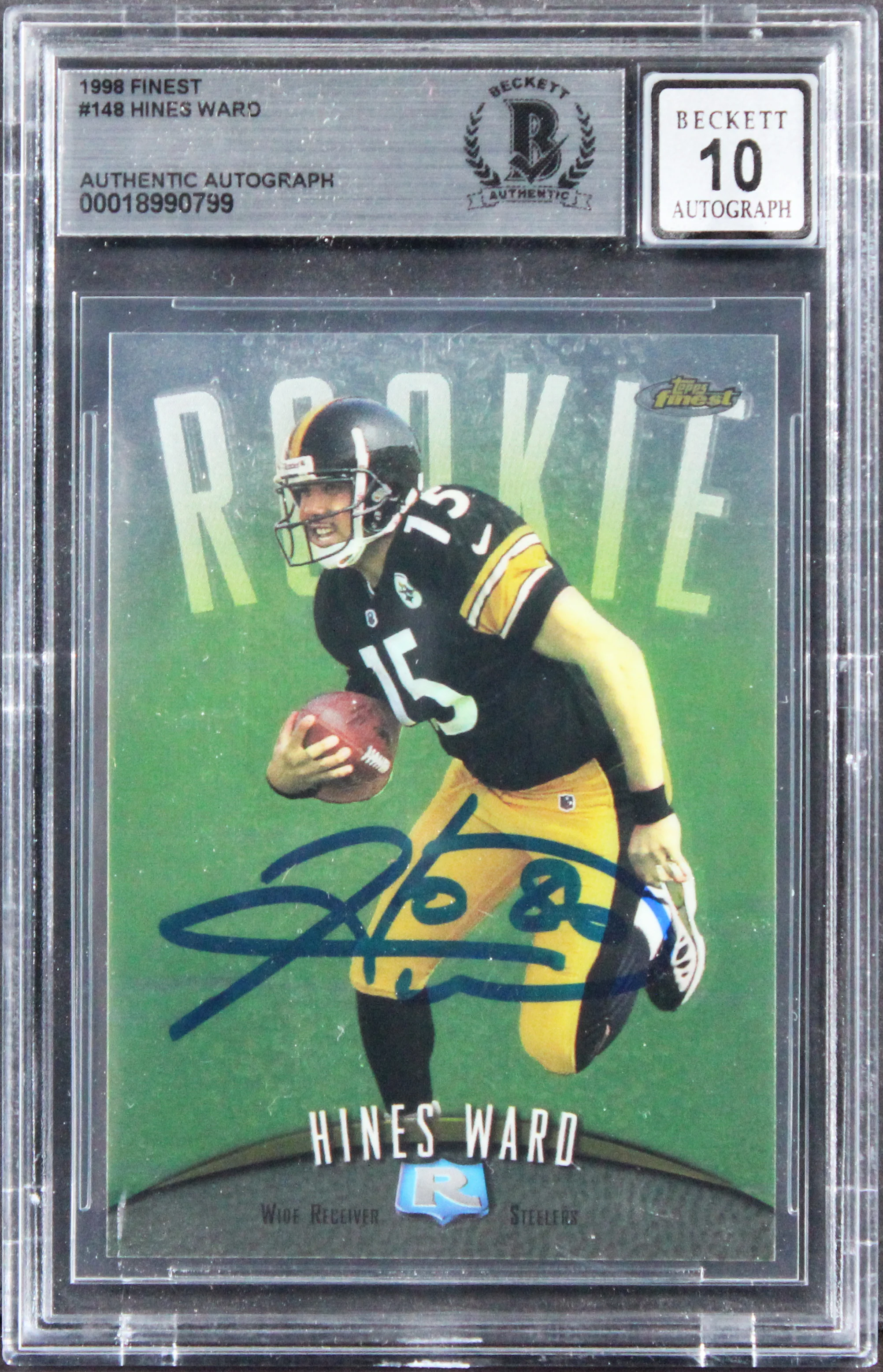 Steelers Hines Ward Signed 1998 Finest #148 Rookie Card Auto 10! BAS Slabbed - Image 2