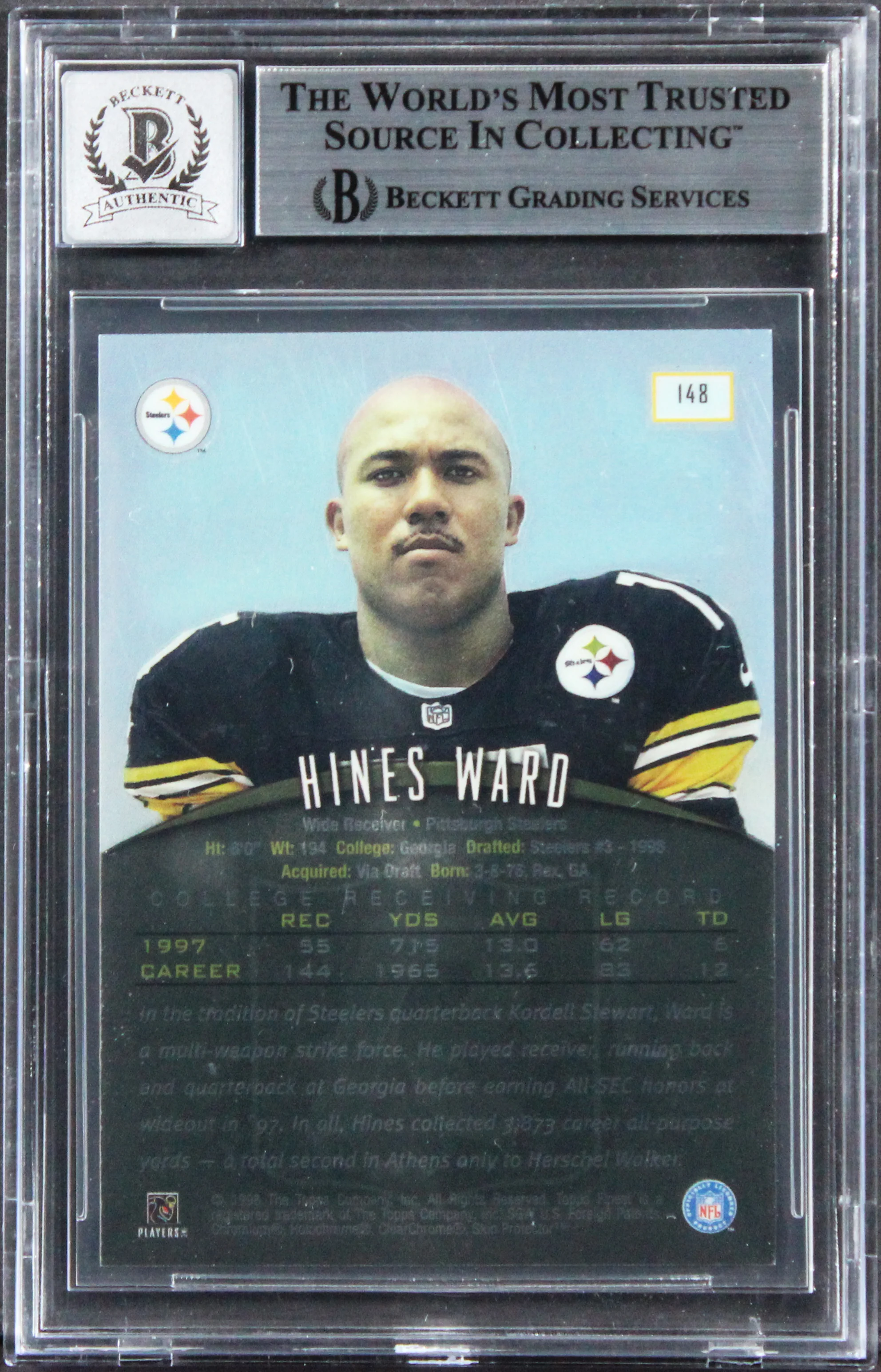 Steelers Hines Ward Signed 1998 Finest #148 Rookie Card Auto 10! BAS Slabbed - Image 3